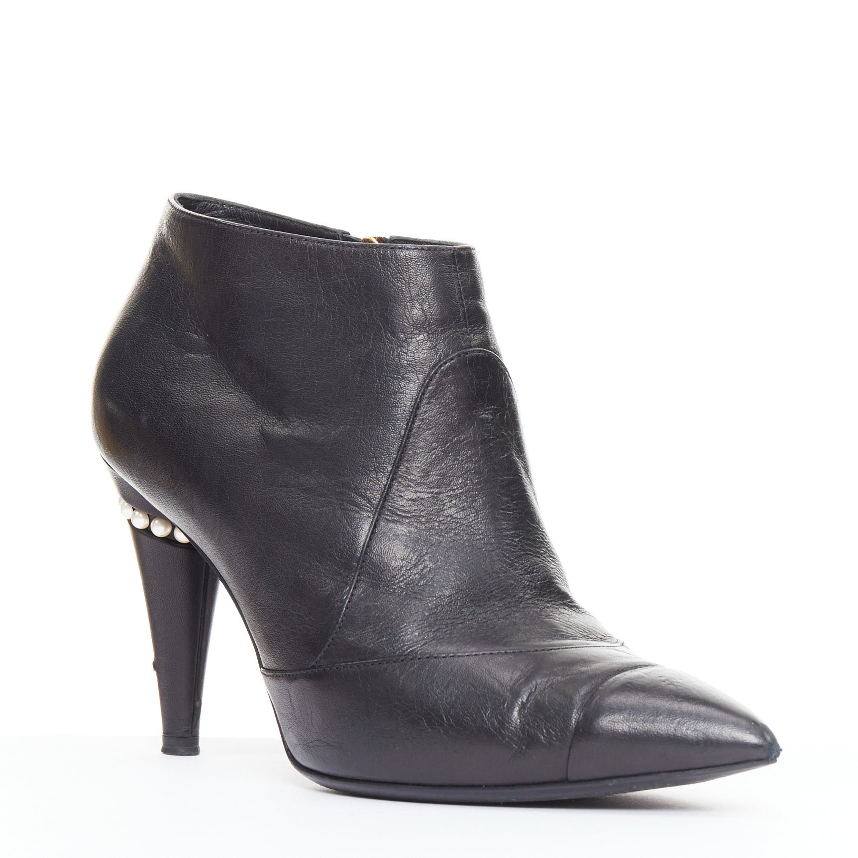 Chanel CHANEL 15C black calfskin faux pearl high cone heeled ankle boots EU38 Size US 8 / IT 38 - 2 Thumbnail