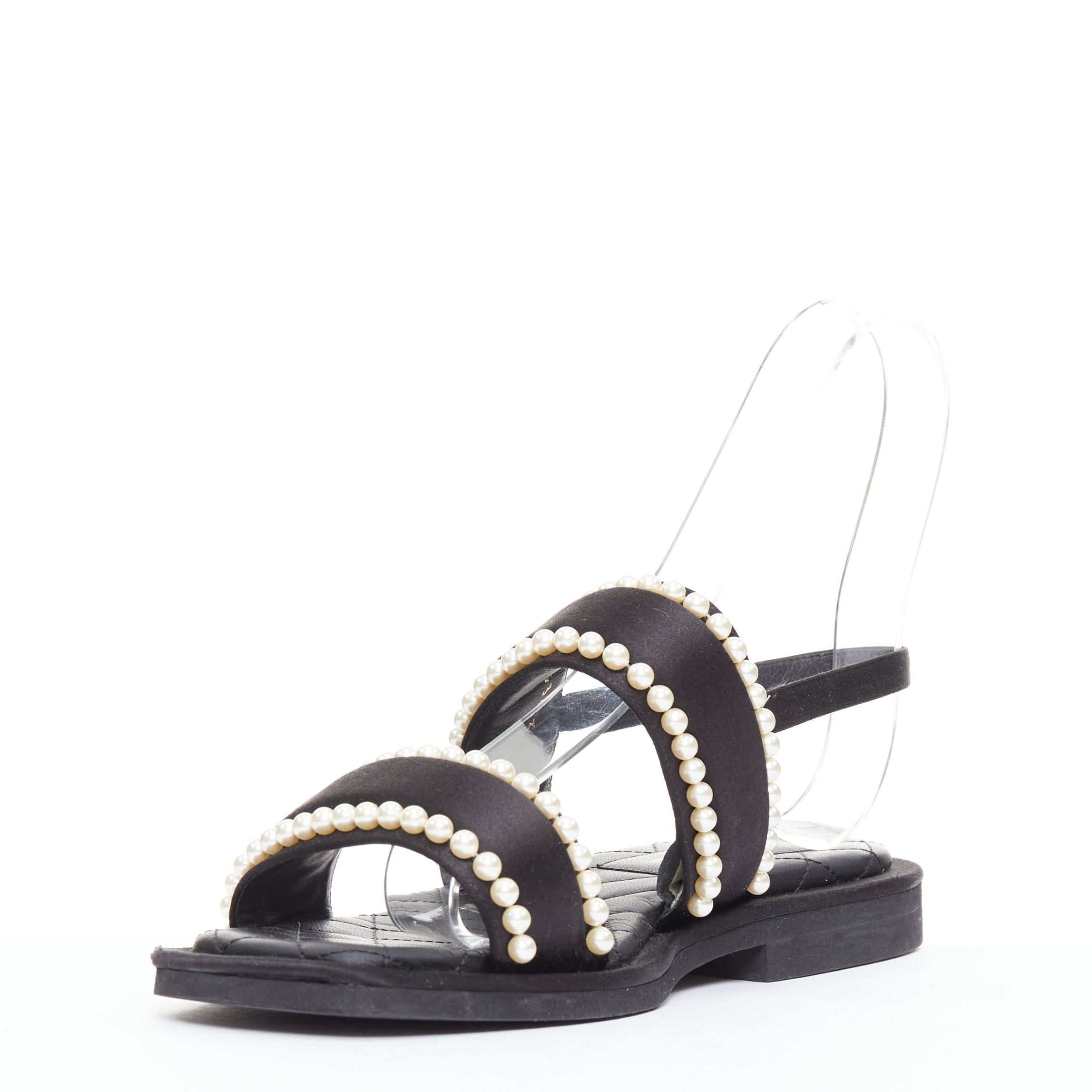 Chanel CHANEL 2022 black pearl embellished satin CC flat dad sandals EU36.5 Size US 6.5 / IT 36.5 - 4 Thumbnail