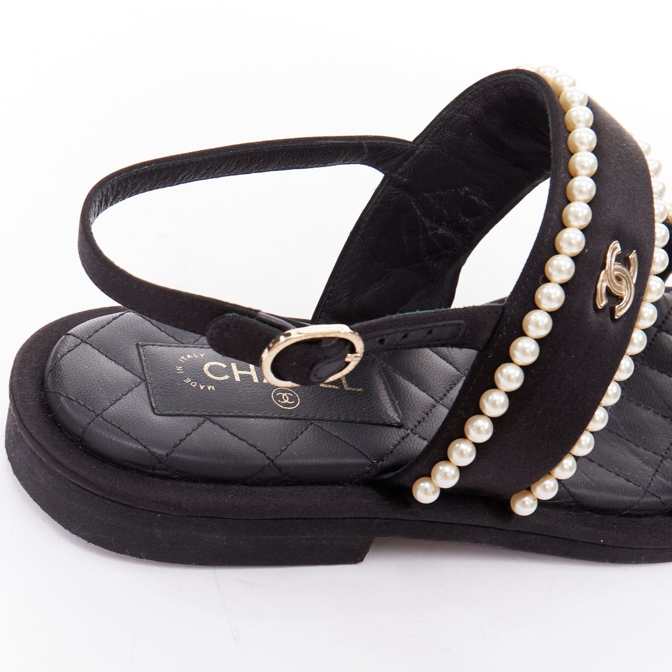 Chanel CHANEL 2022 black pearl embellished satin CC flat dad sandals EU36.5 Size US 6.5 / IT 36.5 - 7 Thumbnail