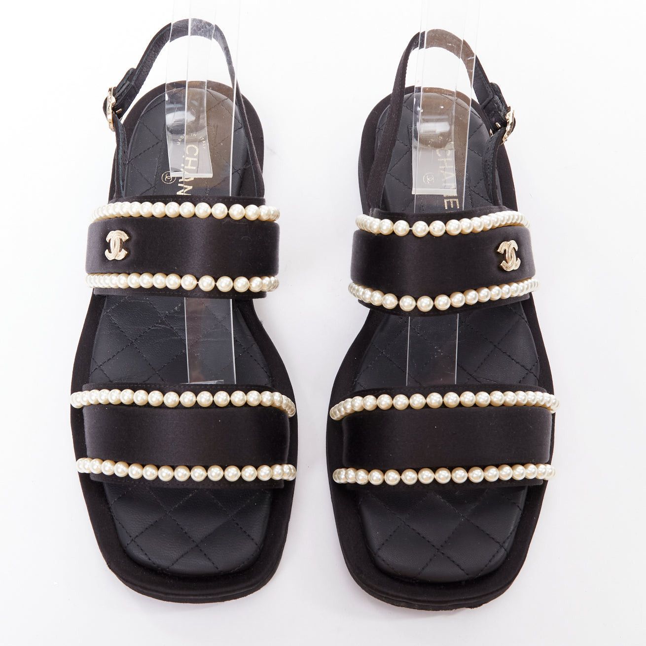 Chanel CHANEL 2022 black pearl embellished satin CC flat dad sandals EU36.5 Size US 6.5 / IT 36.5 - 2 Thumbnail