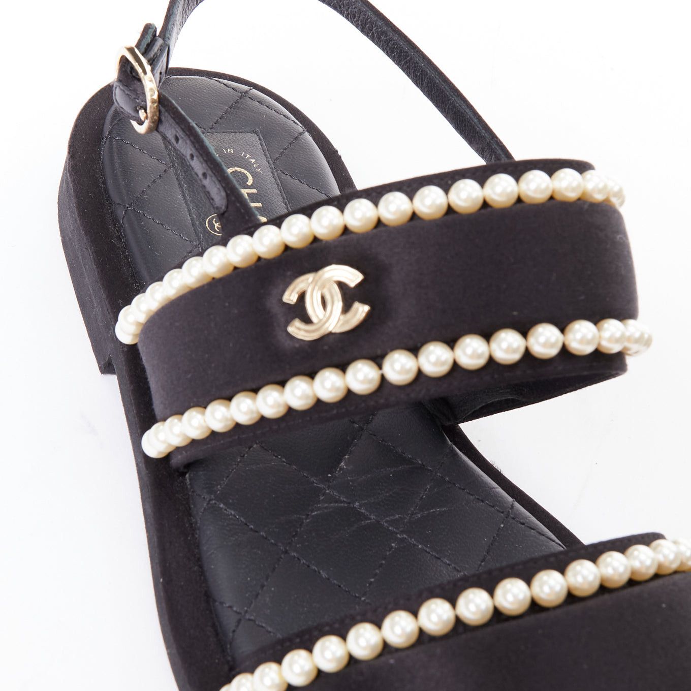 Chanel CHANEL 2022 black pearl embellished satin CC flat dad sandals EU36.5 Size US 6.5 / IT 36.5 - 8 Thumbnail