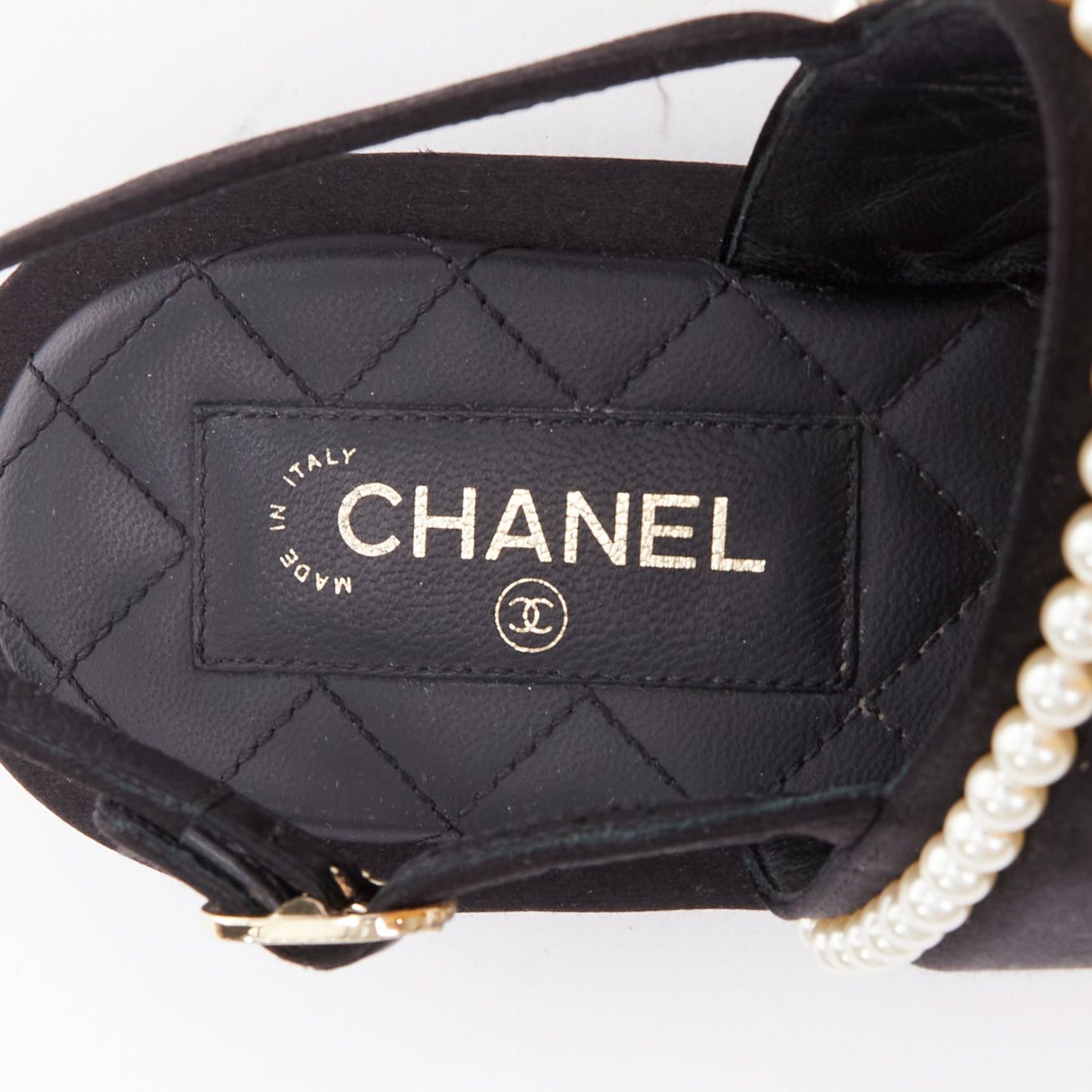 Chanel CHANEL 2022 black pearl embellished satin CC flat dad sandals EU36.5 Size US 6.5 / IT 36.5 - 9 Thumbnail