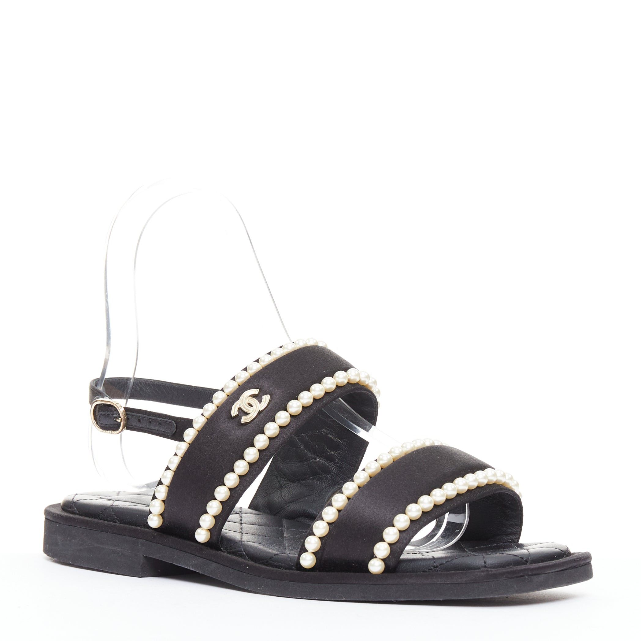 Chanel CHANEL 2022 black pearl embellished satin CC flat dad sandals EU36.5 Size US 6.5 / IT 36.5 - 3 Thumbnail
