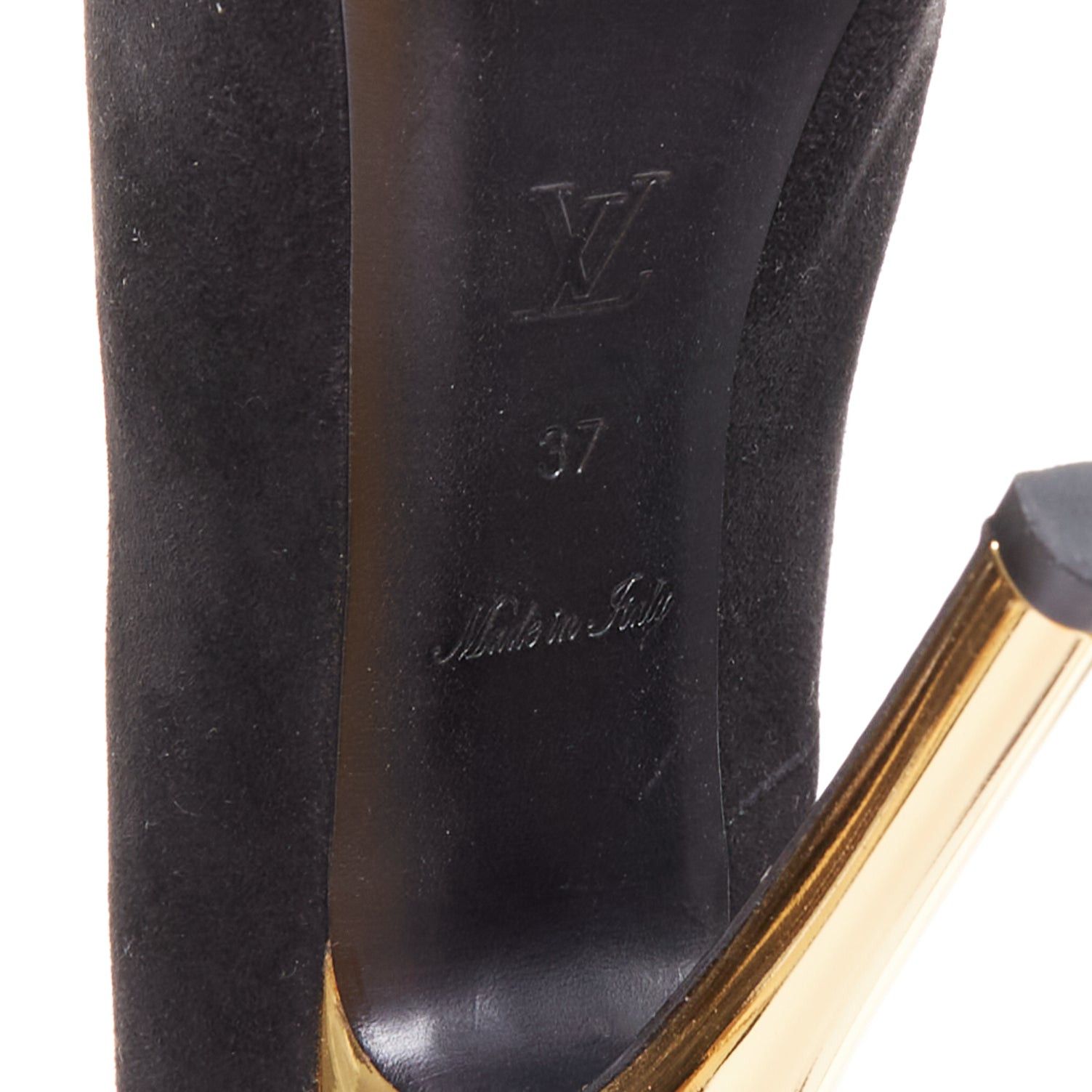Louis Vuitton LOUIS VUITTON Oh Really black suede gold LV lock sky high pumps EU37 Size US 7 / IT 37 - 10 Thumbnail