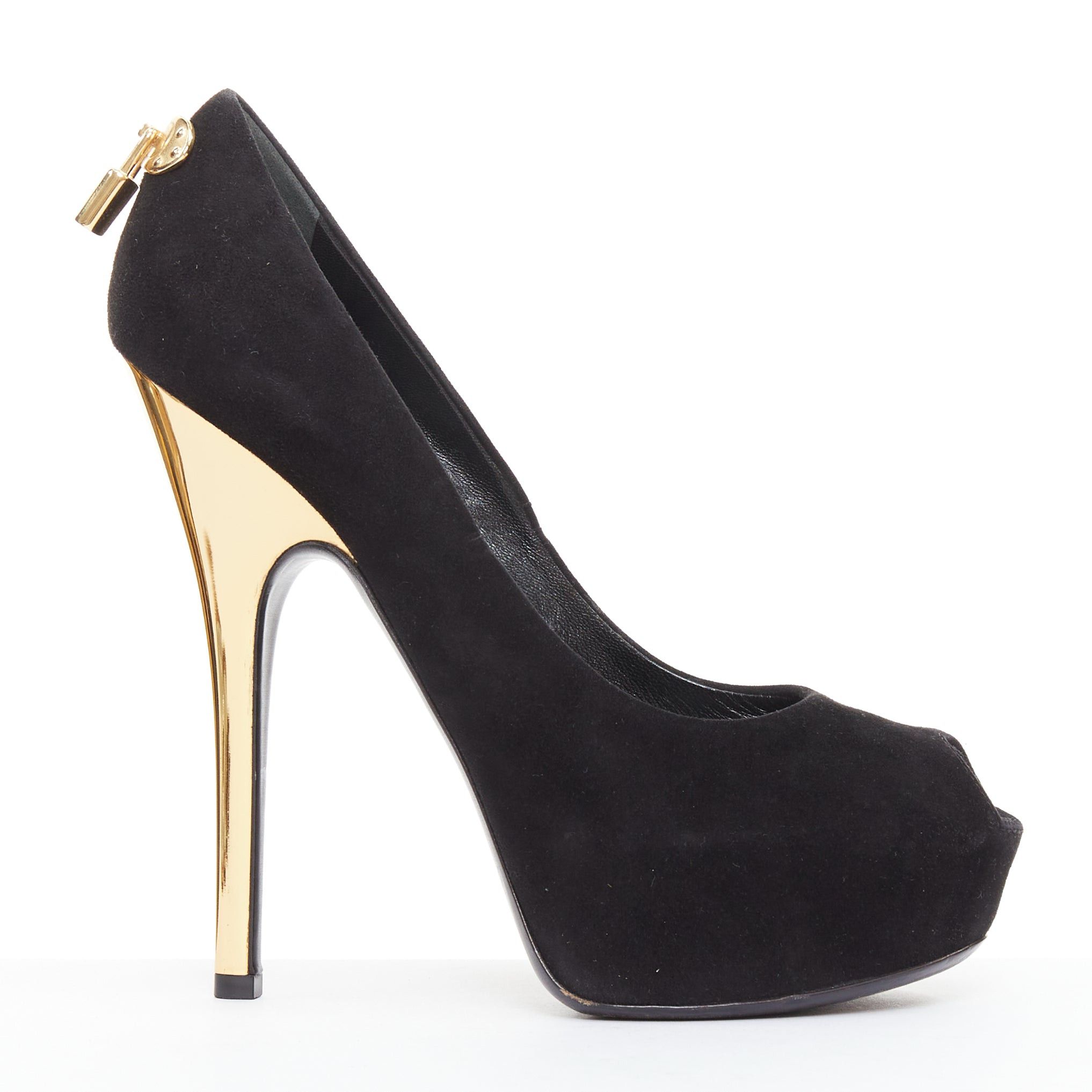 Louis Vuitton LOUIS VUITTON Oh Really black suede gold LV lock sky high pumps EU37 Size US 7 / IT 37 - 2 Thumbnail