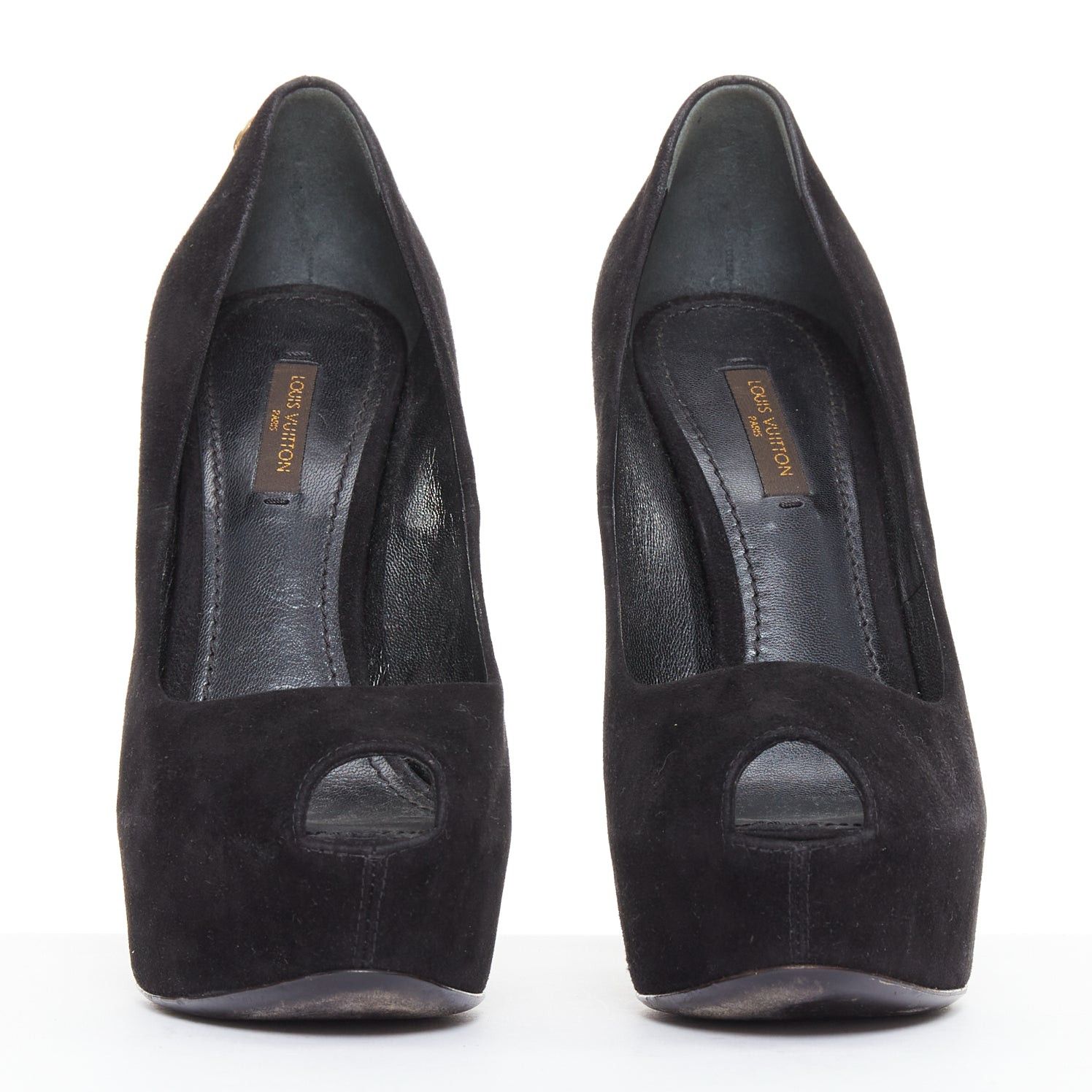 Louis Vuitton LOUIS VUITTON Oh Really black suede gold LV lock sky high pumps EU37 Size US 7 / IT 37 - 4 Thumbnail
