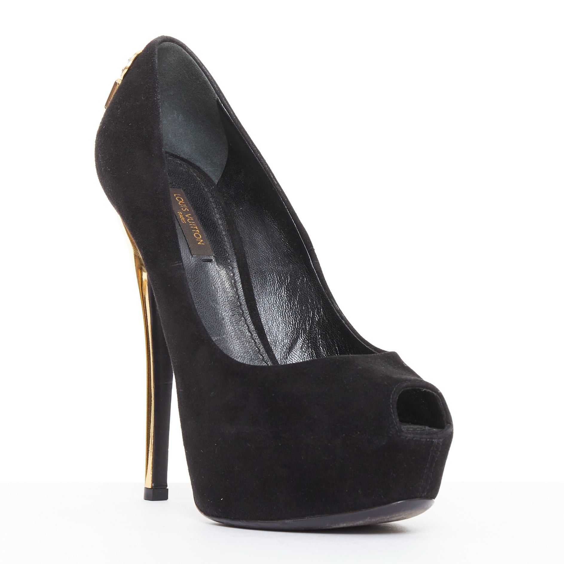 Louis Vuitton LOUIS VUITTON Oh Really black suede gold LV lock sky high pumps EU37 Size US 7 / IT 37 - 3 Thumbnail
