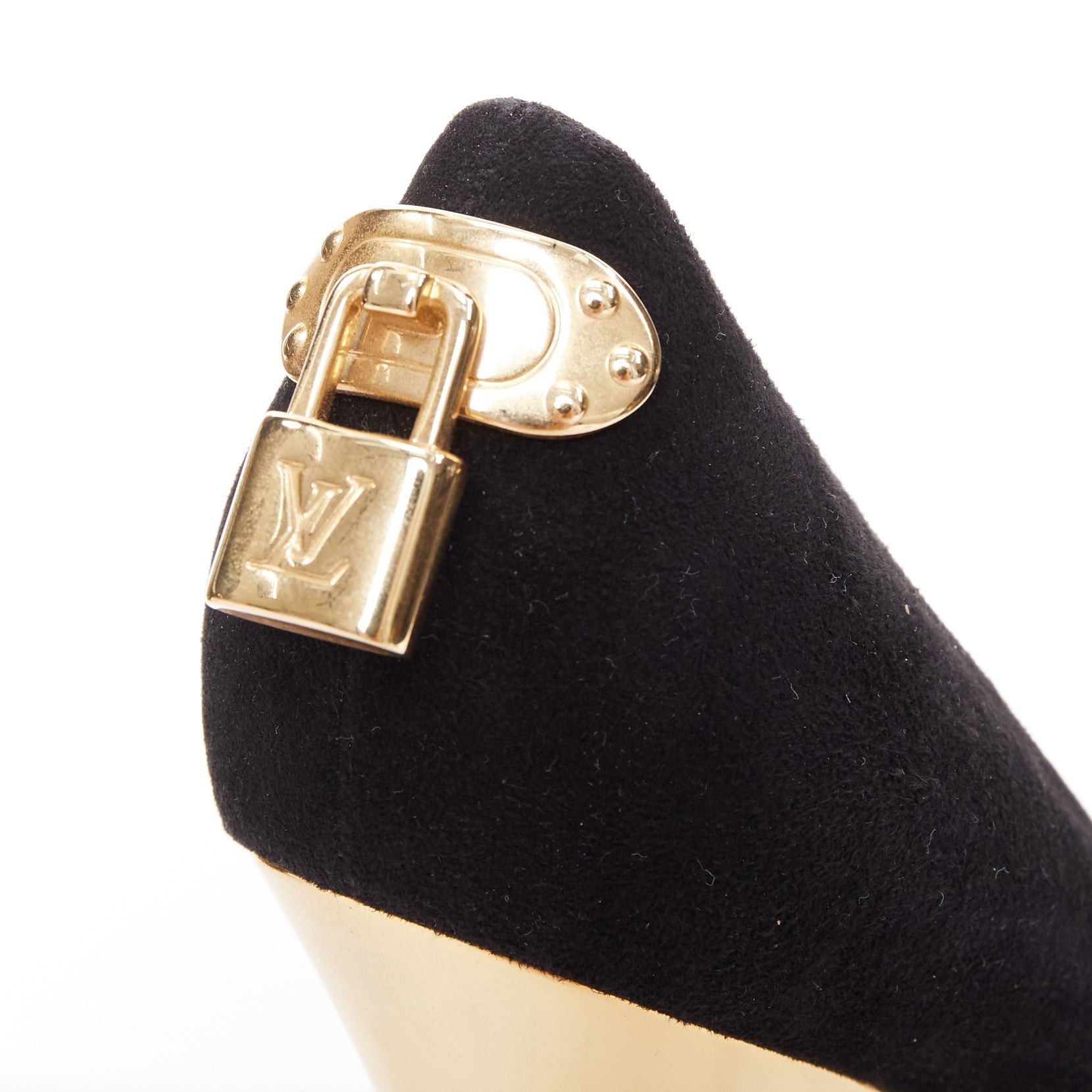 Louis Vuitton LOUIS VUITTON Oh Really black suede gold LV lock sky high pumps EU37 Size US 7 / IT 37 - 7 Thumbnail
