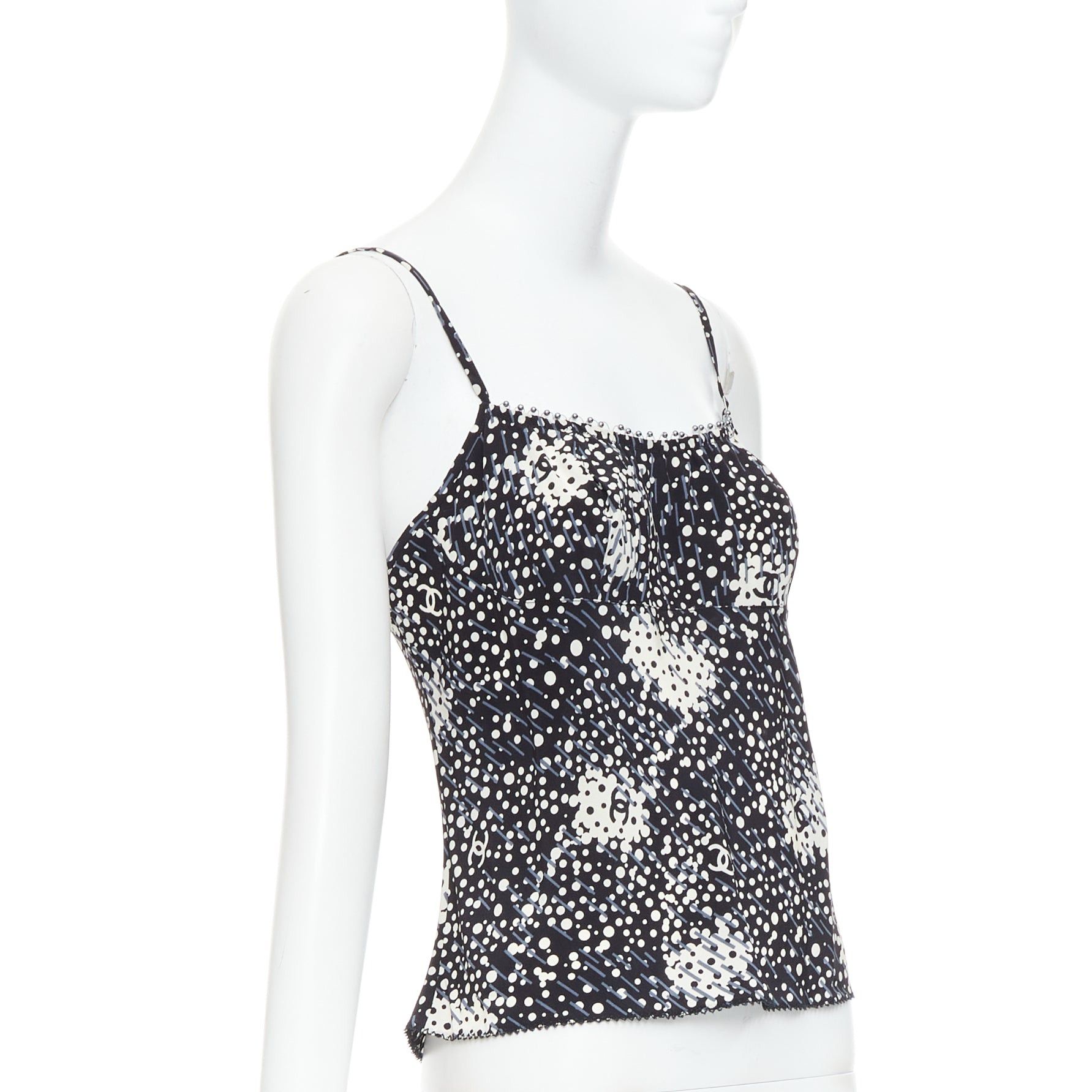 Chanel CHANEL 02A 100% silk CC logo polka dot pearl trim camisole FR40 S Size M / US 6-8 / IT 42-44 - 3 Thumbnail
