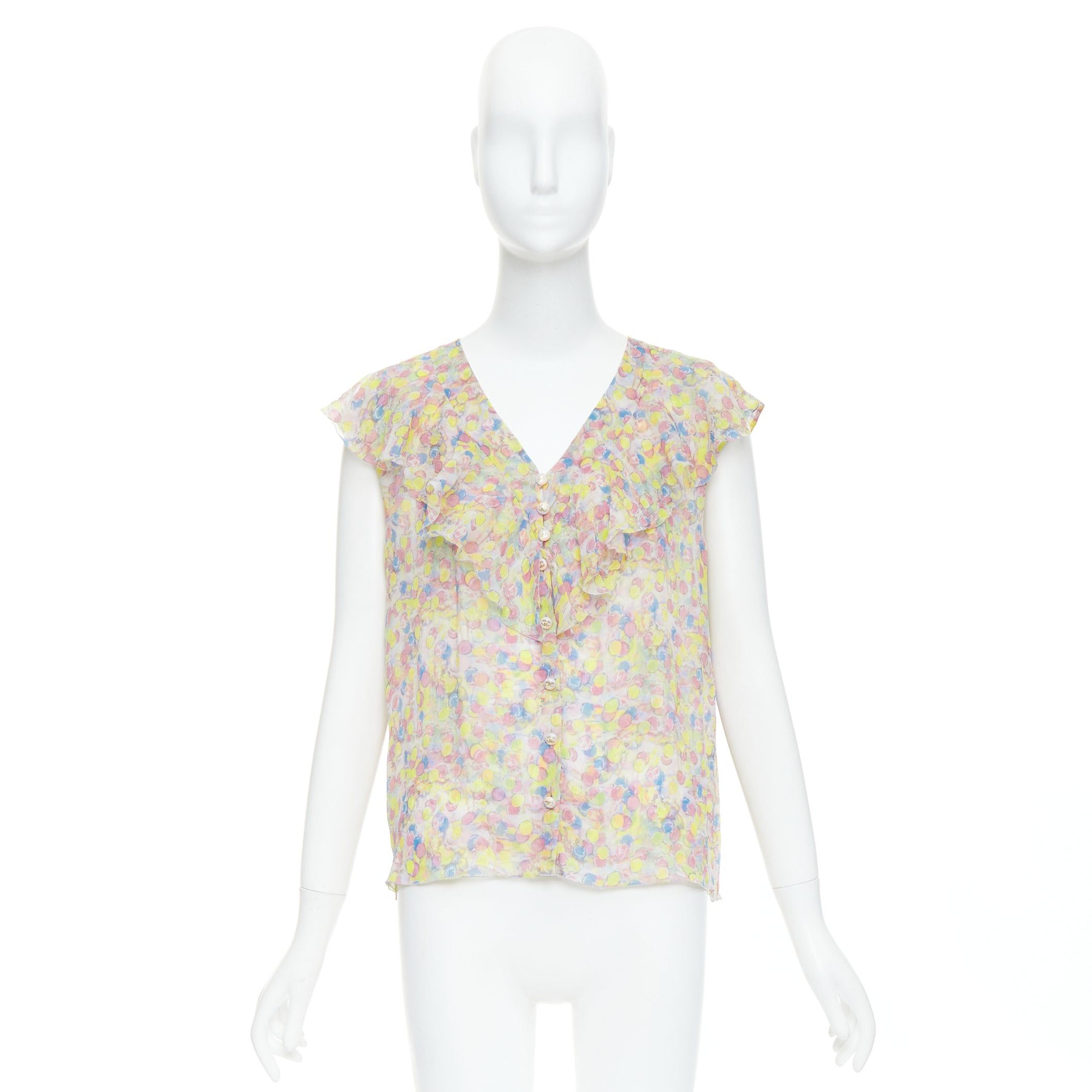 Chanel CHANEL 2011 100% silk Vintage circle pastel CC logo ruffle blouse FR42 XL Size L / US 10 / IT 46 - 9 Thumbnail