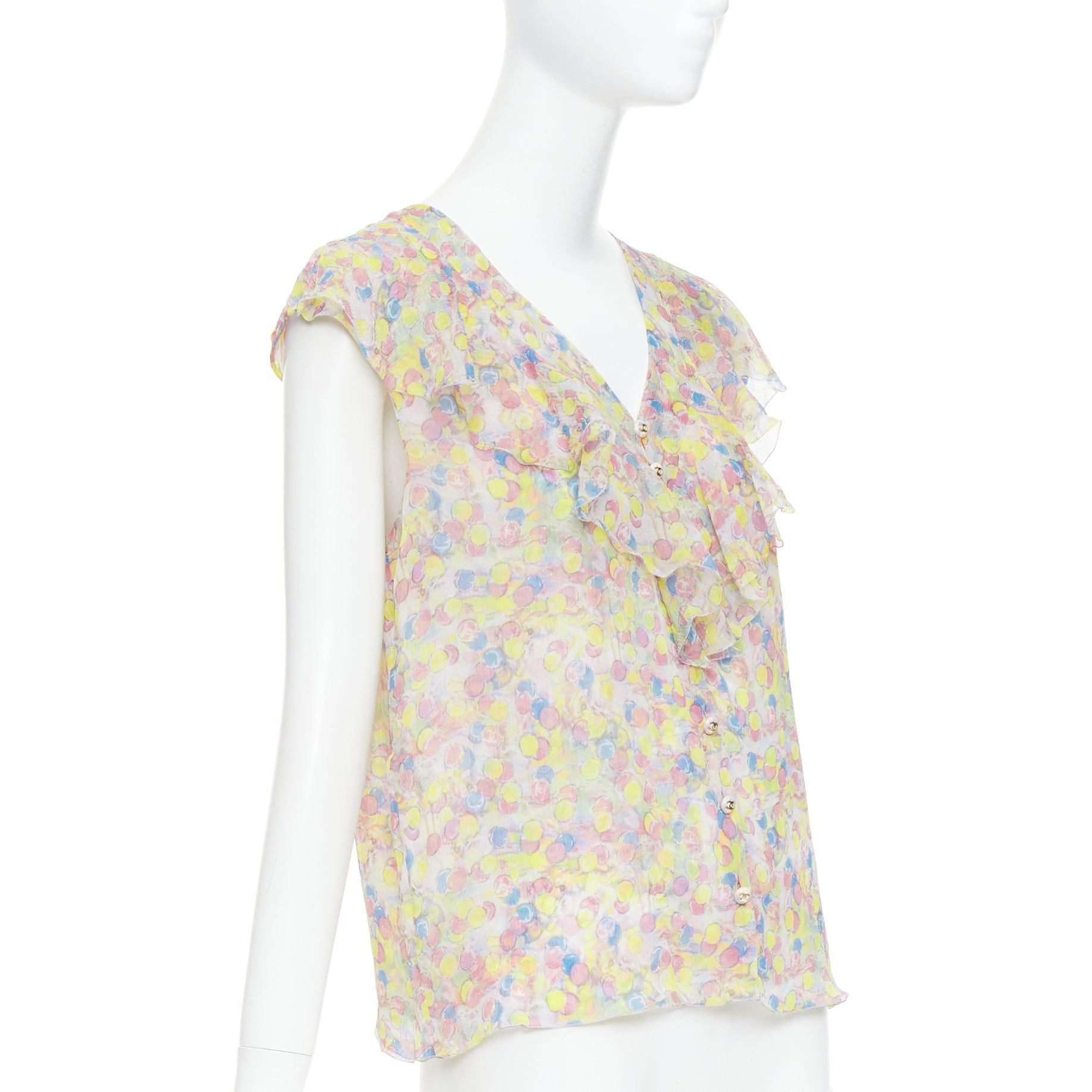 Chanel CHANEL 2011 100% silk Vintage circle pastel CC logo ruffle blouse FR42 XL Size L / US 10 / IT 46 - 3 Thumbnail