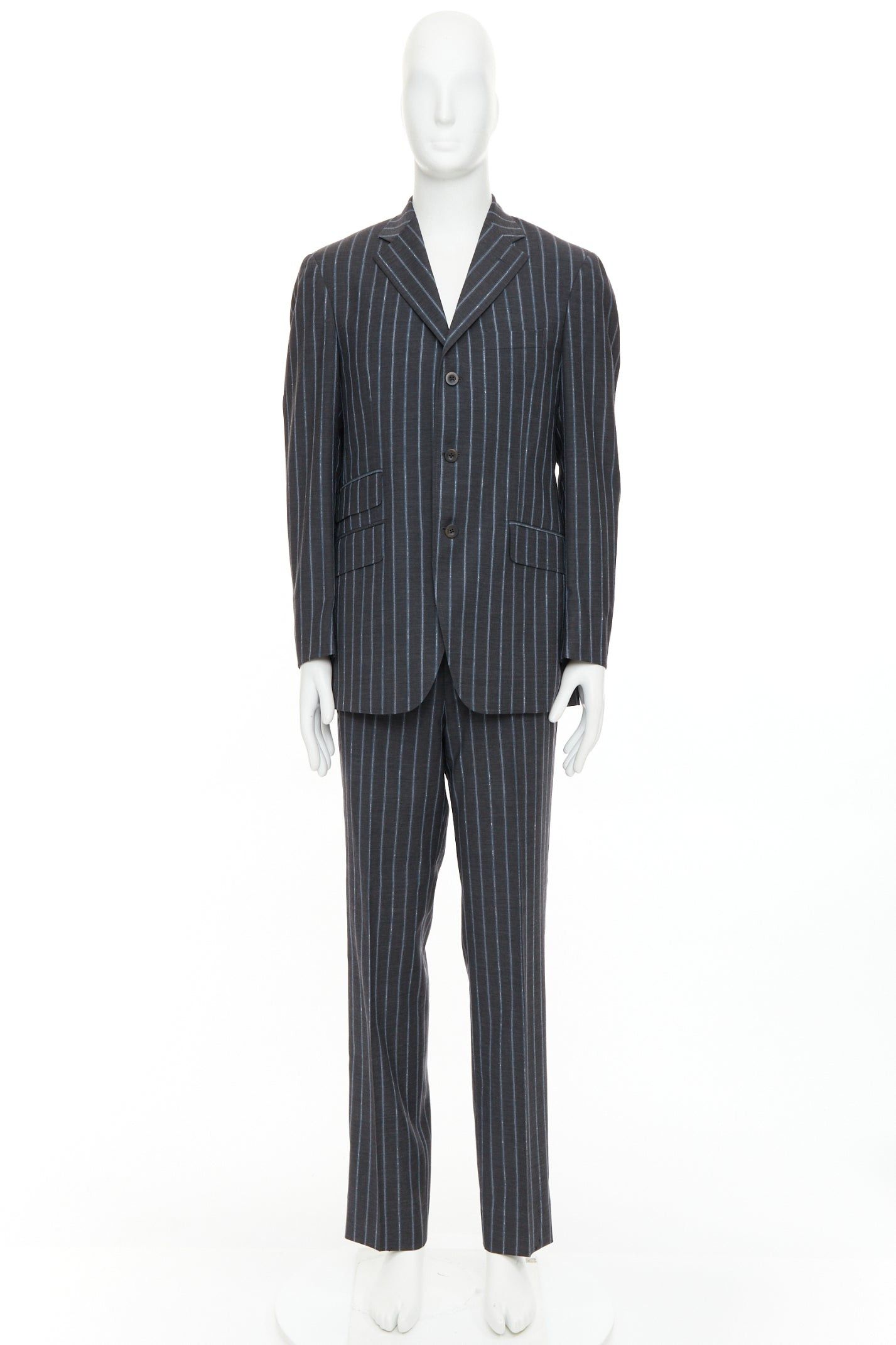 Etro ETRO grey blue pinstripe 100% wool single breasted blazer jacket IT50 L Size 50R - 11 Thumbnail