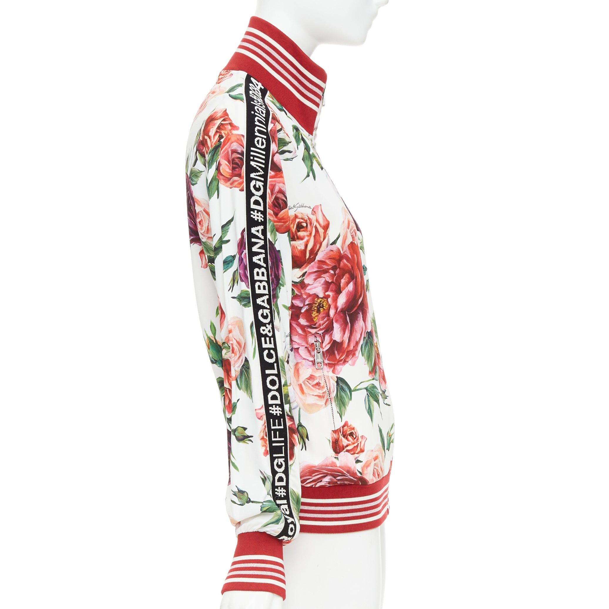 Dolce & Gabbana DOLCE GABBANA red rose floral print striped silk trim track bomber jacket IT36 XXS Size XS / US 0-2 / IT 36-38 - 5 Thumbnail