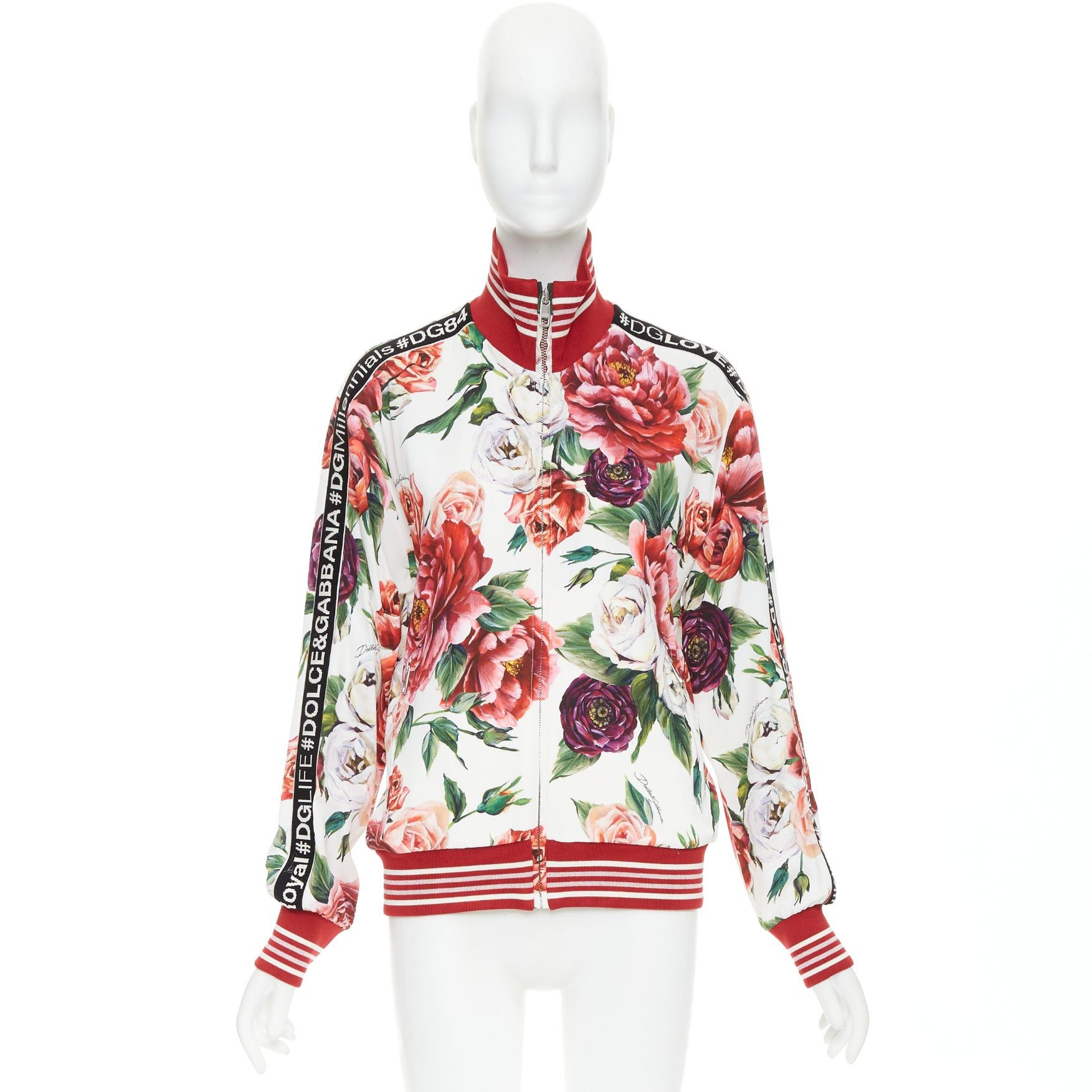 Dolce & Gabbana DOLCE GABBANA red rose floral print striped silk trim track bomber jacket IT36 XXS Size XS / US 0-2 / IT 36-38 - 10 Thumbnail