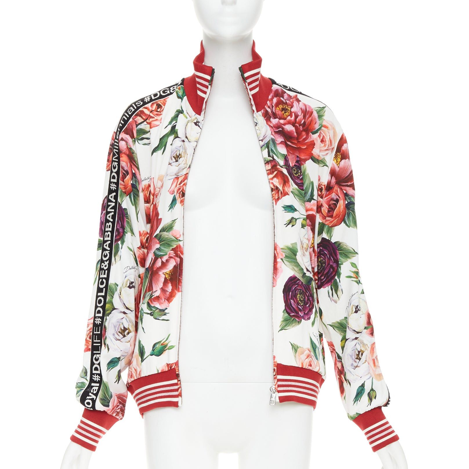 Dolce & Gabbana DOLCE GABBANA red rose floral print striped silk trim track bomber jacket IT36 XXS Size XS / US 0-2 / IT 36-38 - 4 Thumbnail