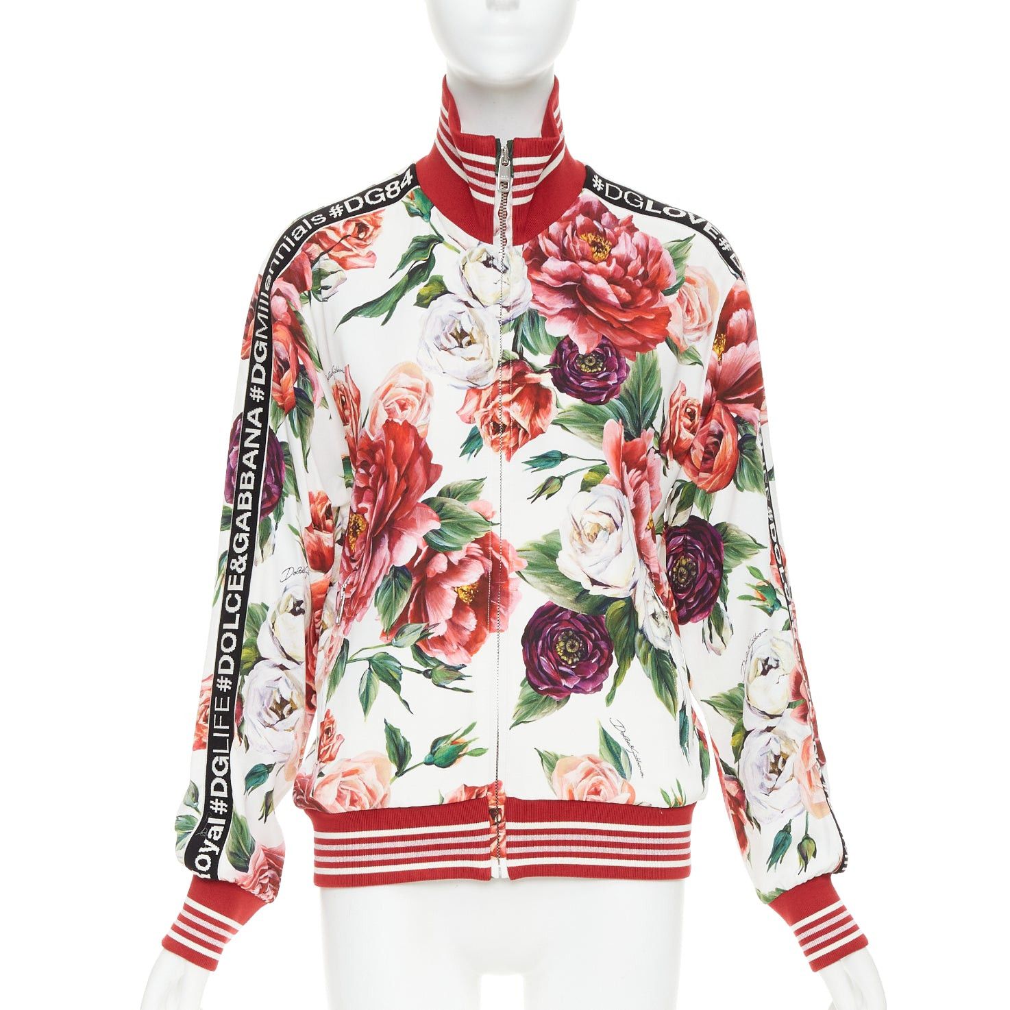 Dolce & Gabbana DOLCE GABBANA red rose floral print striped silk trim track bomber jacket IT36 XXS Size XS / US 0-2 / IT 36-38 - 3 Thumbnail