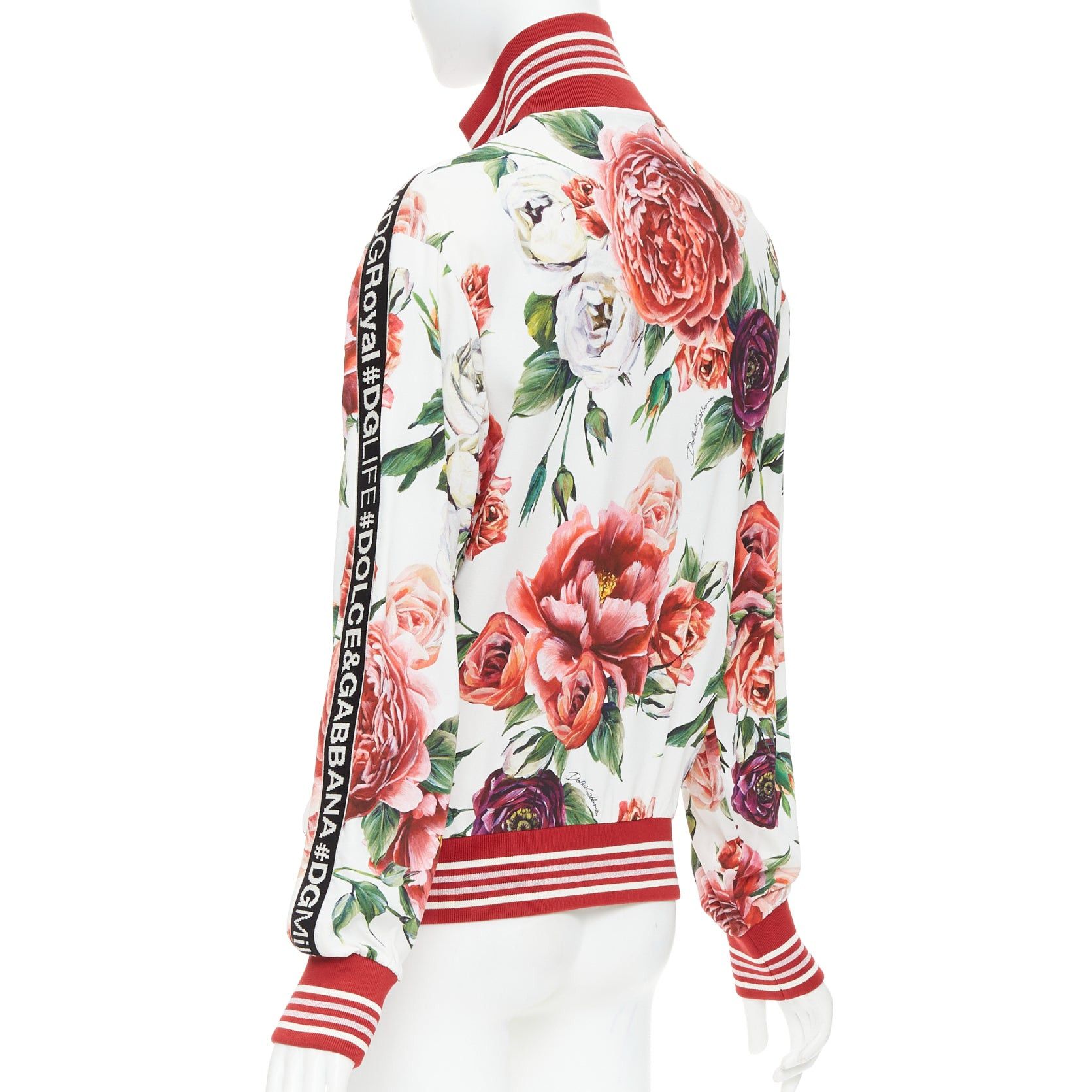 Dolce & Gabbana DOLCE GABBANA red rose floral print striped silk trim track bomber jacket IT36 XXS Size XS / US 0-2 / IT 36-38 - 7 Thumbnail