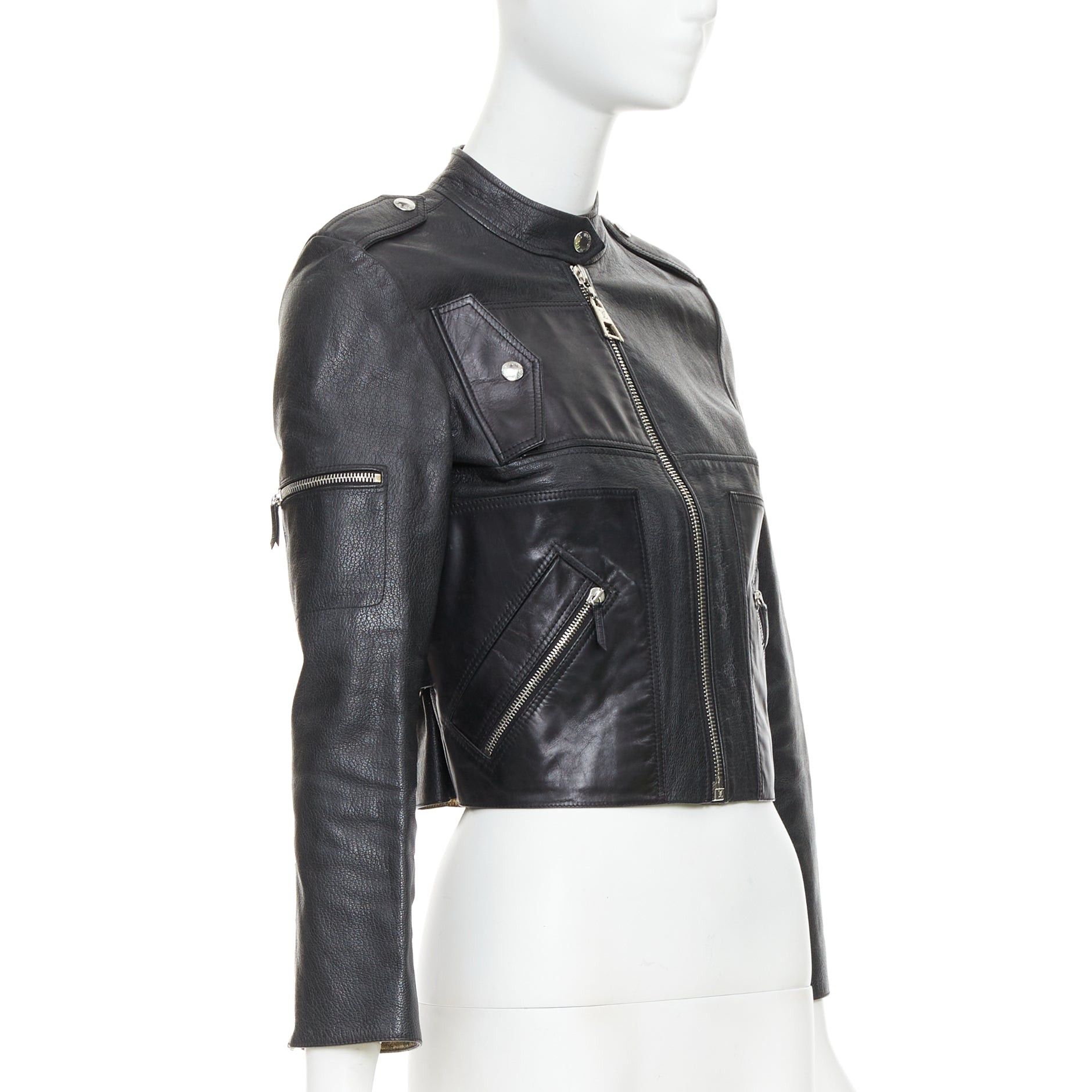 Louis Vuitton LOUIS VUITTON black goatskin leather LV zip cropped biker jacket FR36 S Size S / US 4 / IT 40 - 4 Thumbnail