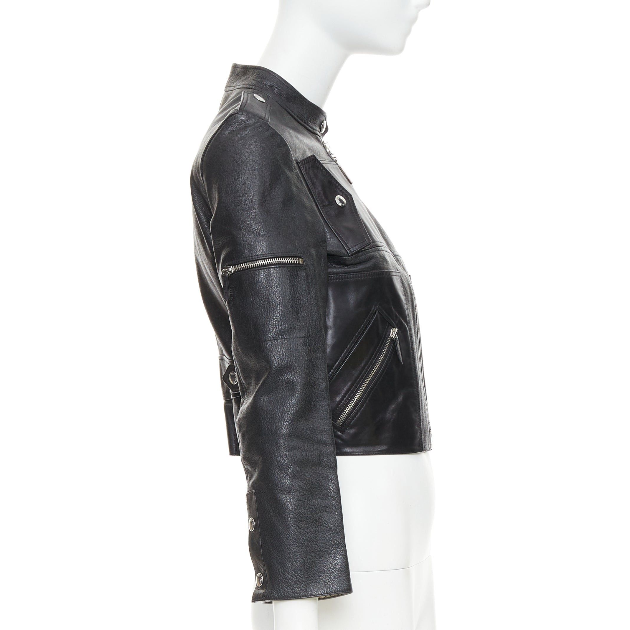 Louis Vuitton LOUIS VUITTON black goatskin leather LV zip cropped biker jacket FR36 S Size S / US 4 / IT 40 - 5 Thumbnail