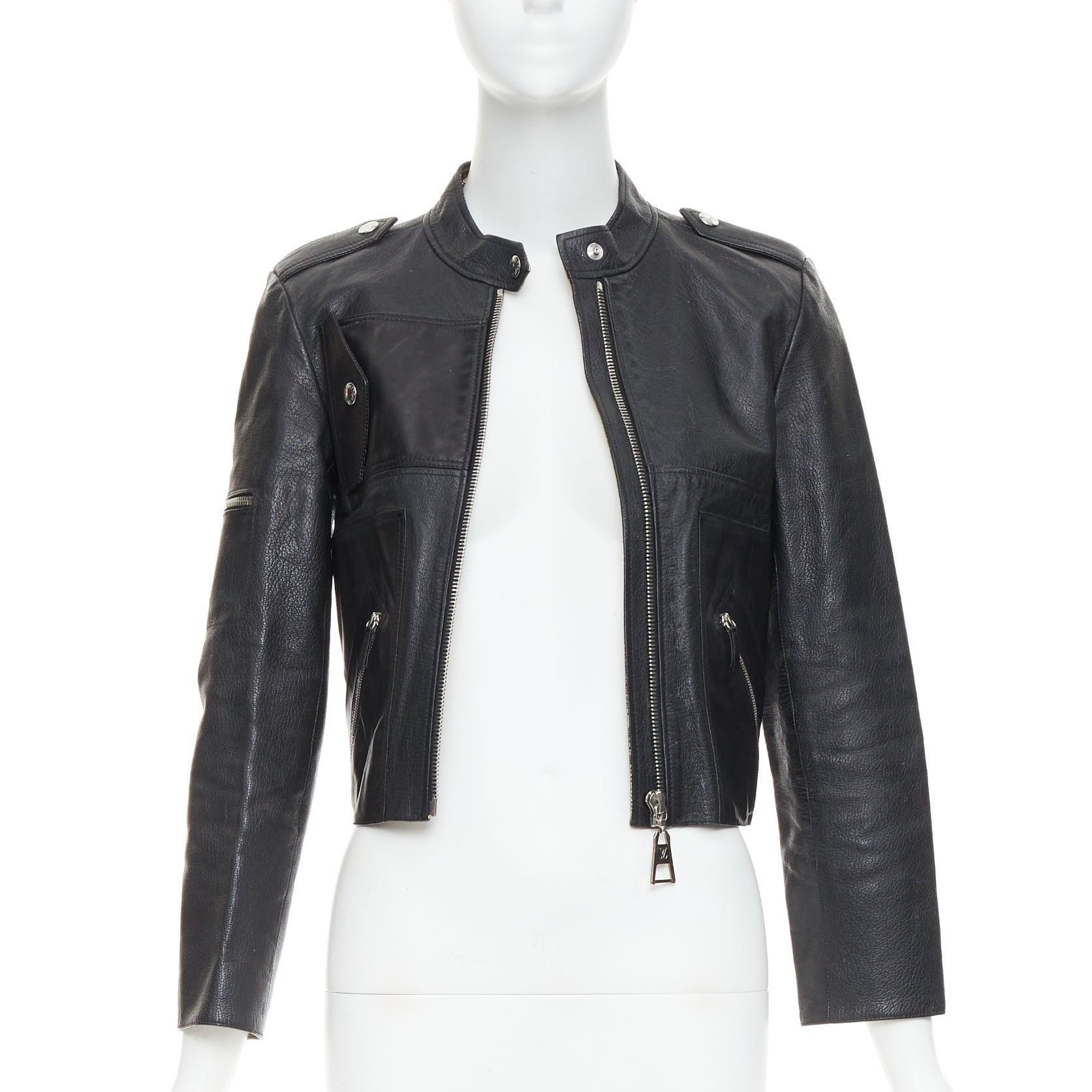 Louis Vuitton LOUIS VUITTON black goatskin leather LV zip cropped biker jacket FR36 S Size S / US 4 / IT 40 - 3 Thumbnail