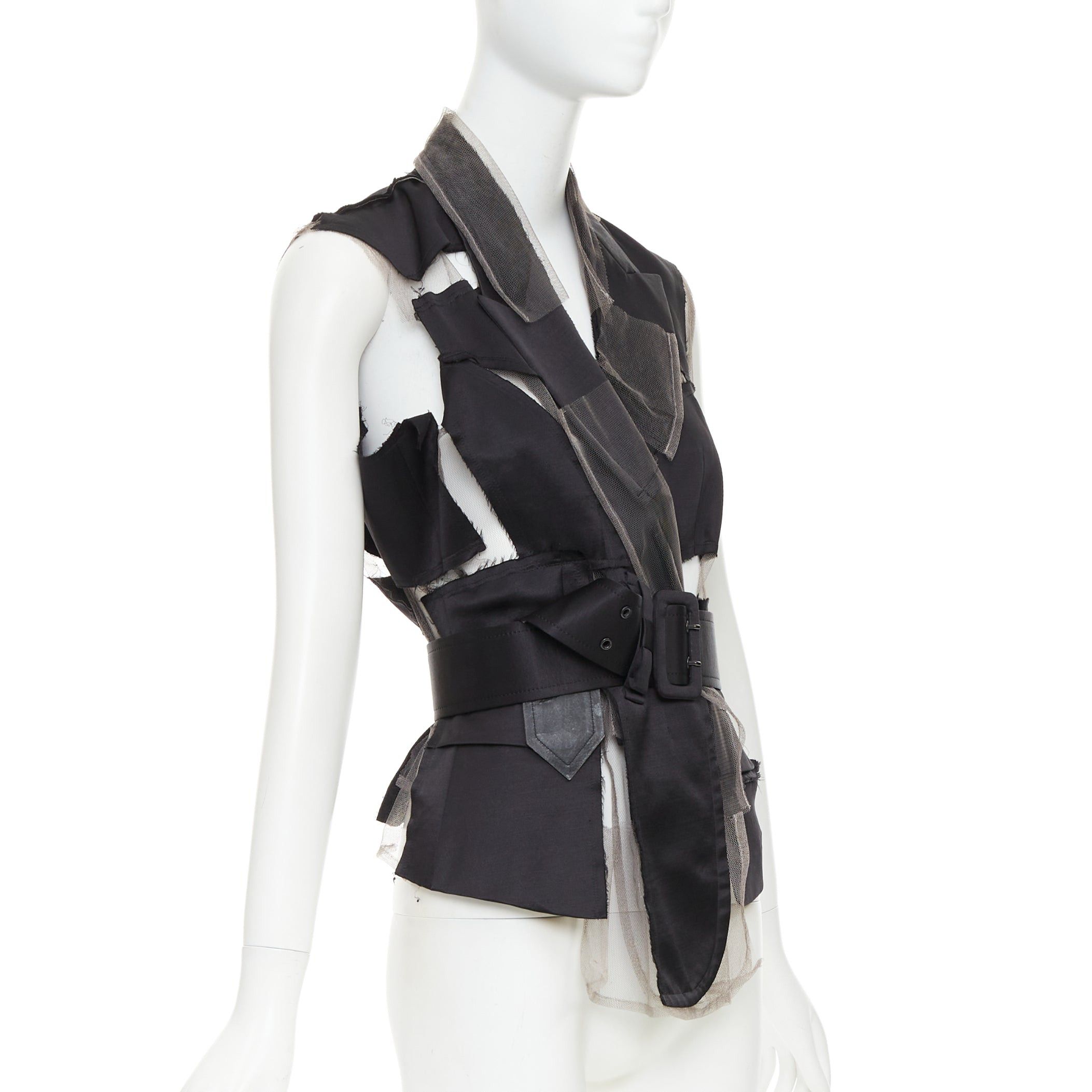 Comme des Garcons COMME DES GARCONS 2007 Runway black satin sheer patchwork tulle belted vest S Size S / US 4 / IT 40 - 3 Thumbnail
