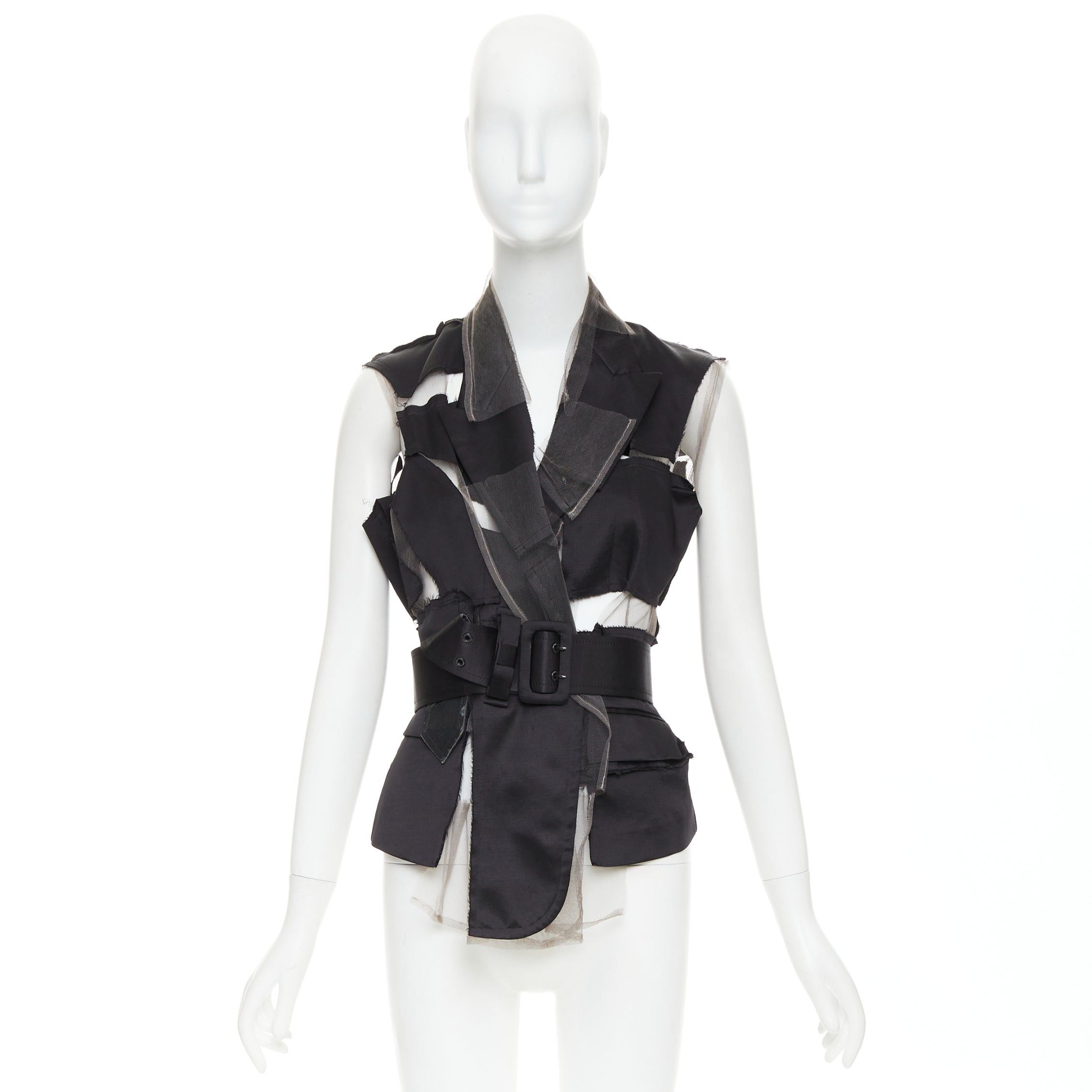 Comme des Garcons COMME DES GARCONS 2007 Runway black satin sheer patchwork tulle belted vest S Size S / US 4 / IT 40 - 9 Thumbnail
