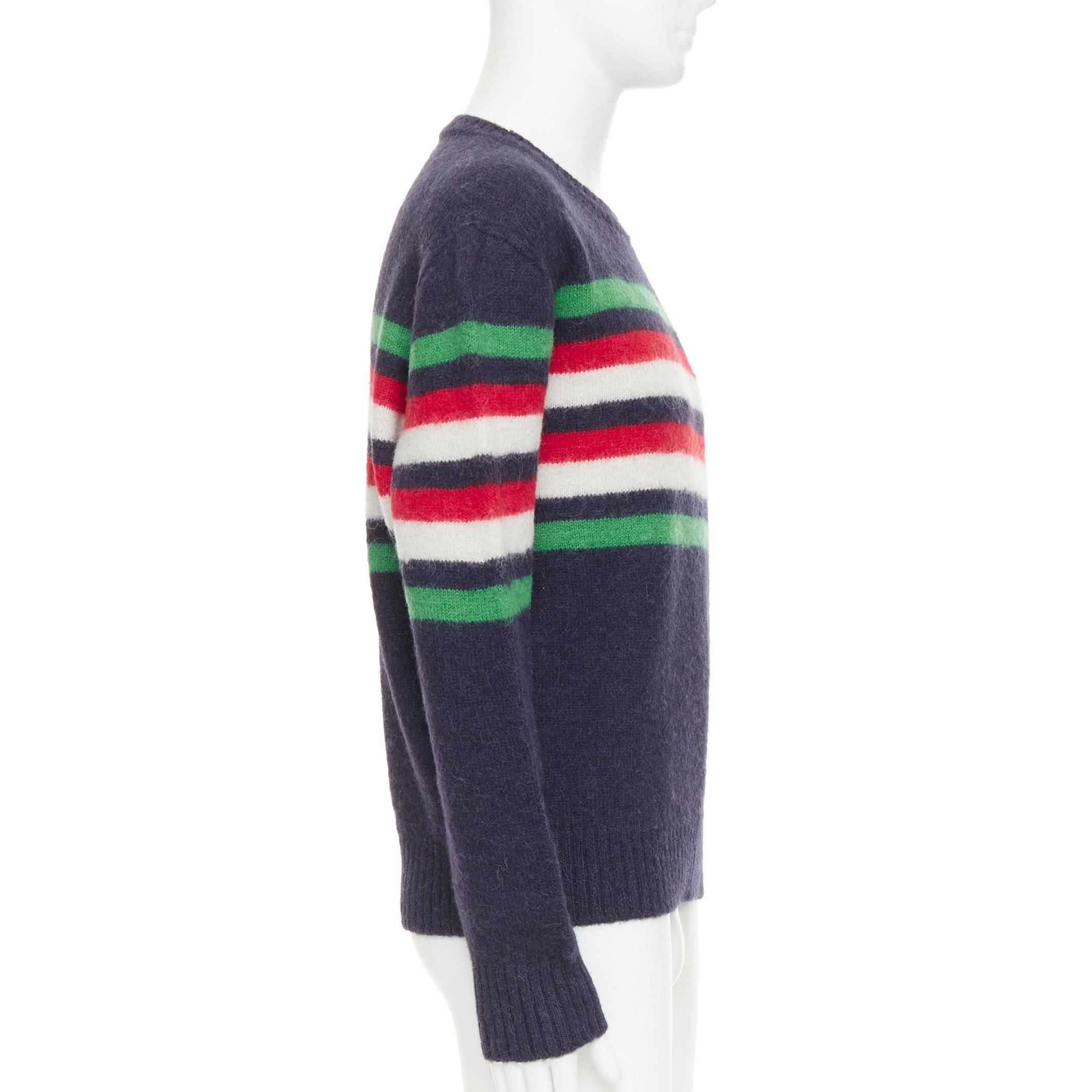 Gucci GUCCI navy green red striped embroidered logo crew sweater Size US M / EU 48-50 / 2 - 4 Thumbnail
