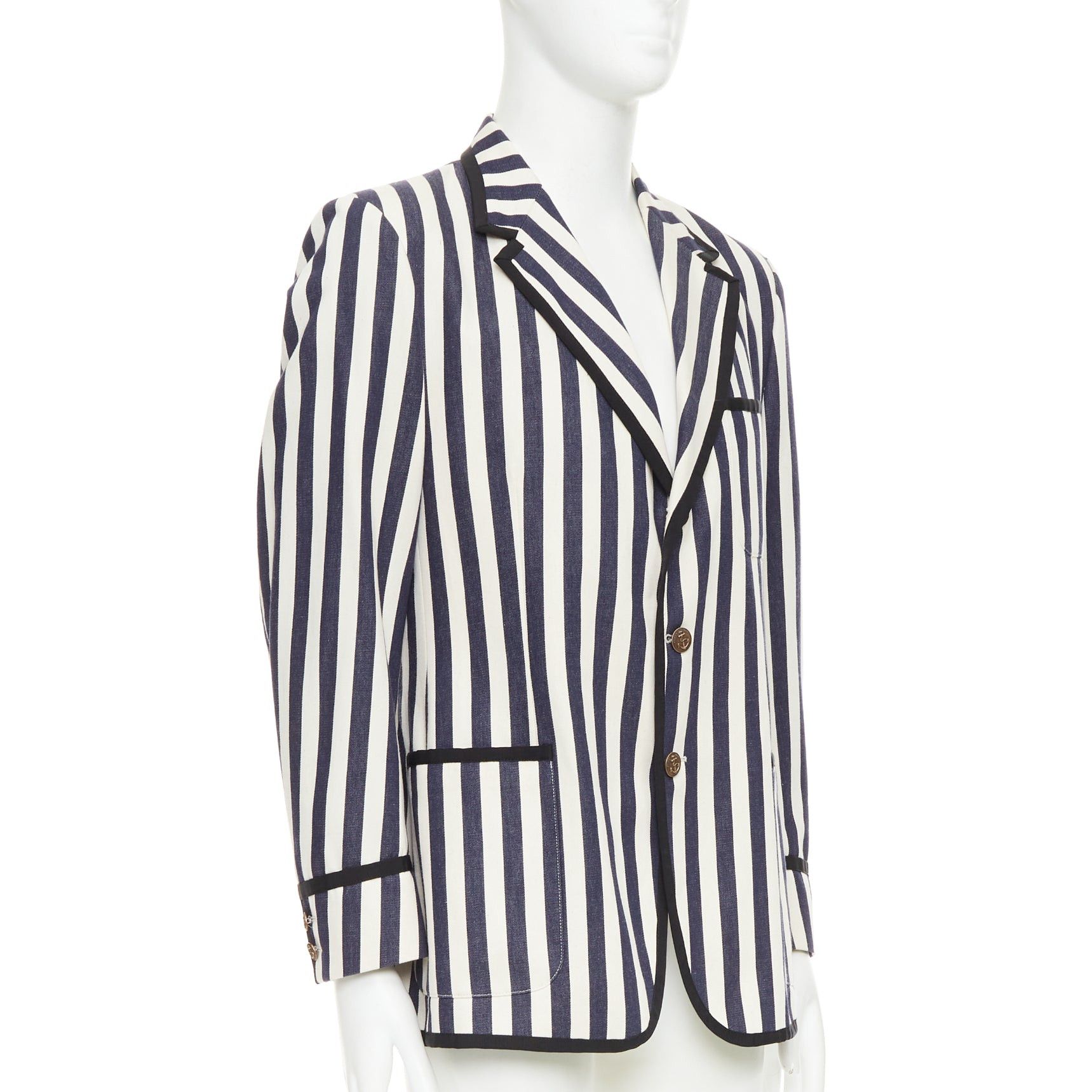 Gucci GUCCI navy cream cotton anchor buttons striped nautical blazer IT52 XL Size 52R - 3 Thumbnail
