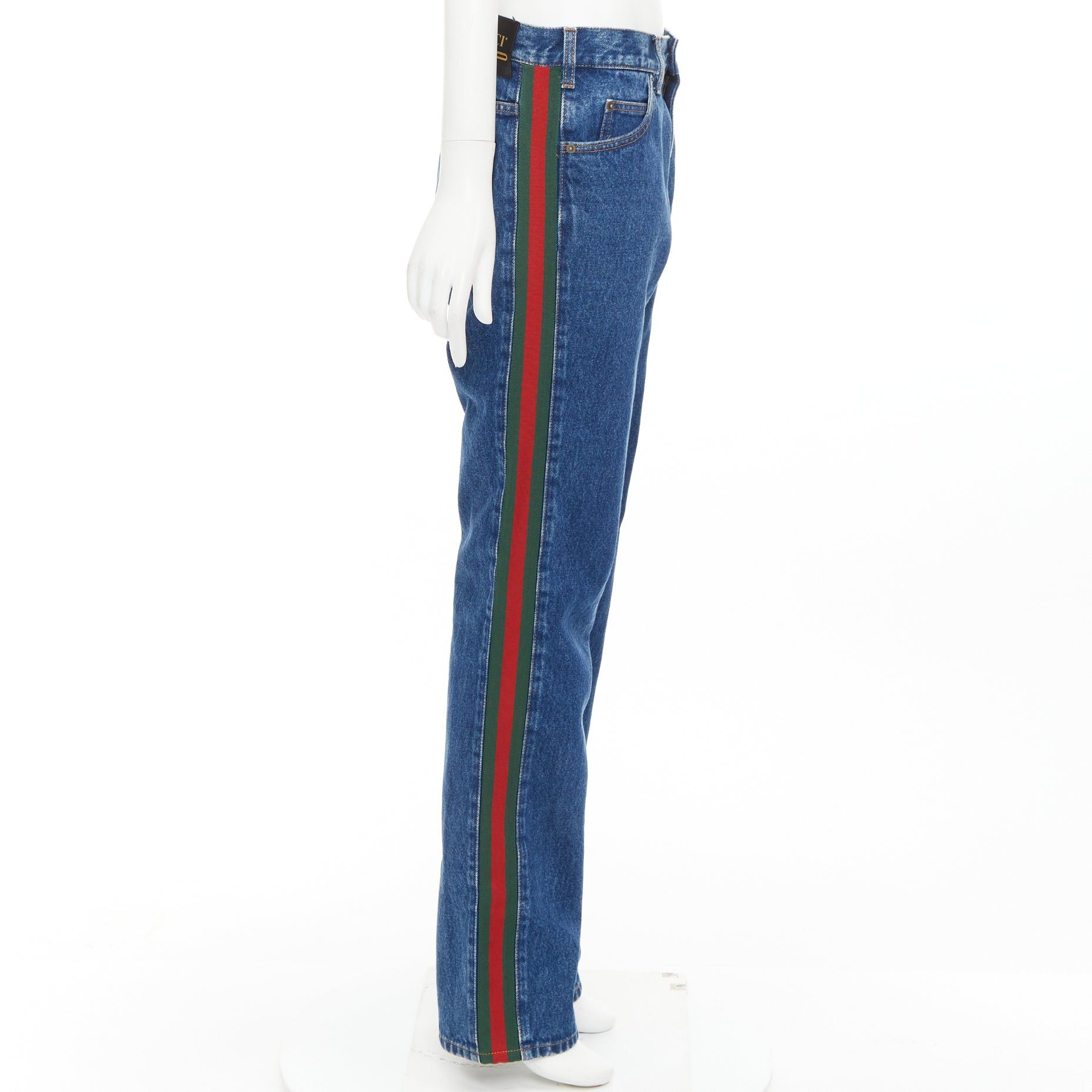 Gucci GUCCI blue cotton blend signature green red web trim straight leg jeans 31" Size US 30 / EU 46 - 4 Thumbnail