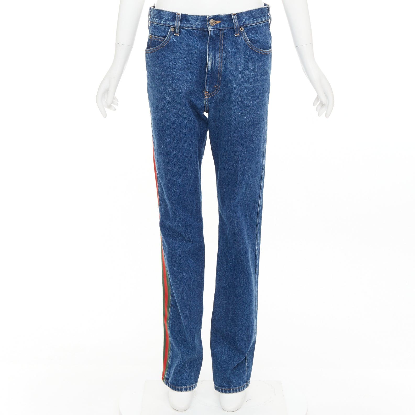 Gucci GUCCI blue cotton blend signature green red web trim straight leg jeans 31" Size US 30 / EU 46 - 3 Thumbnail