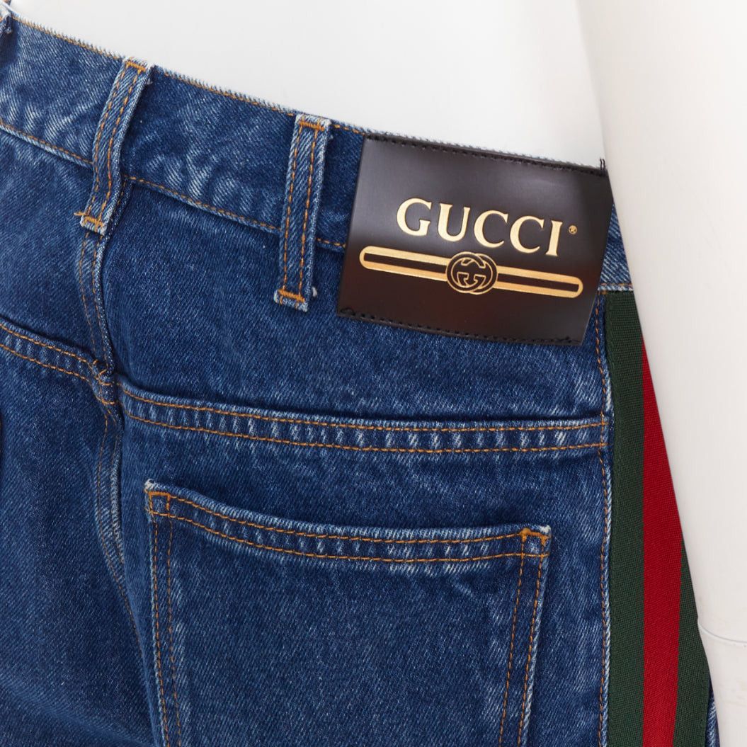 Gucci GUCCI blue cotton blend signature green red web trim straight leg jeans 31" Size US 30 / EU 46 - 2 Thumbnail