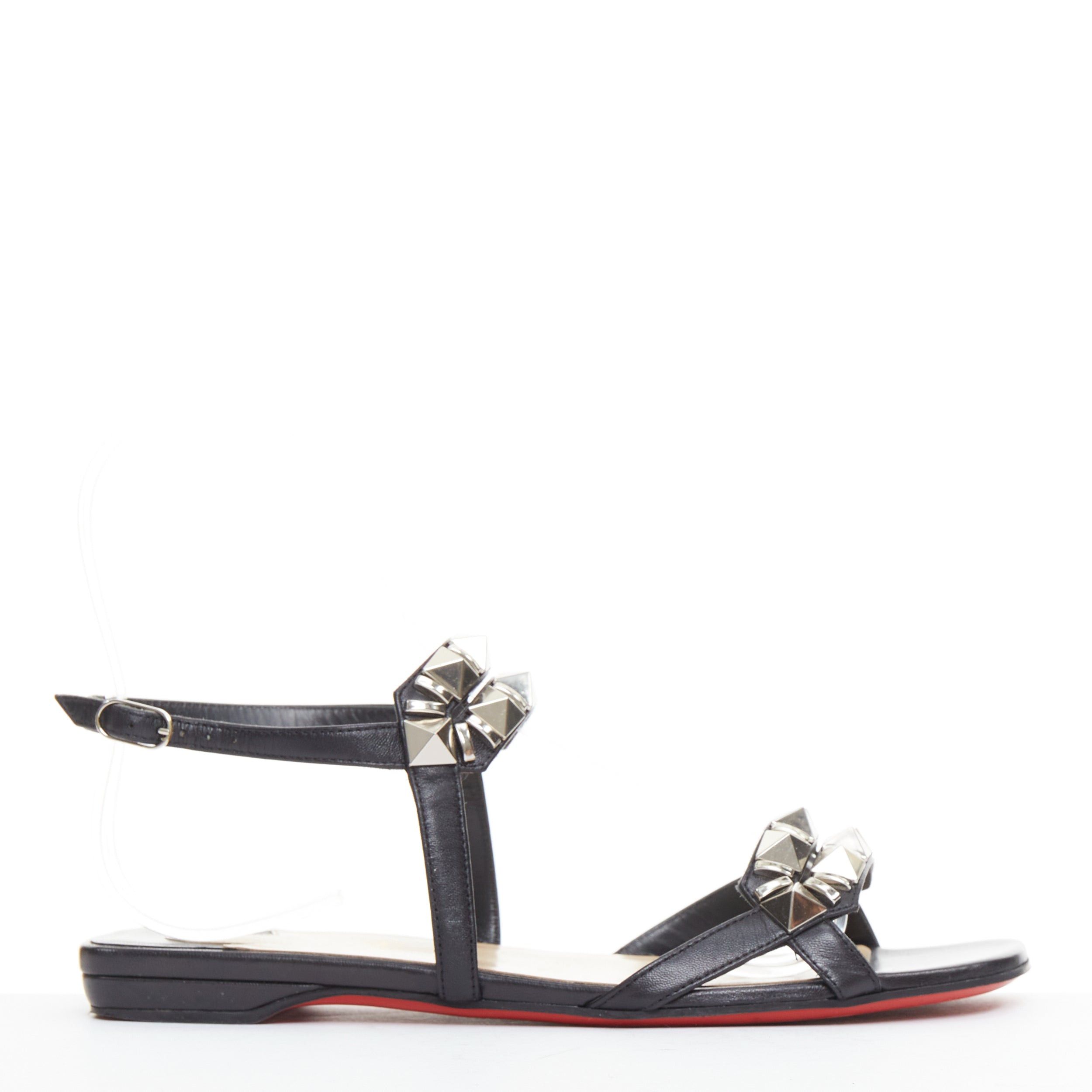 Christian Louboutin CHRISTIAN LOUBOUTIN Galerietta black calfskin leather silver studded flat sandals EU36.5 Size US 6.5 / IT 36.5 - 2 Thumbnail