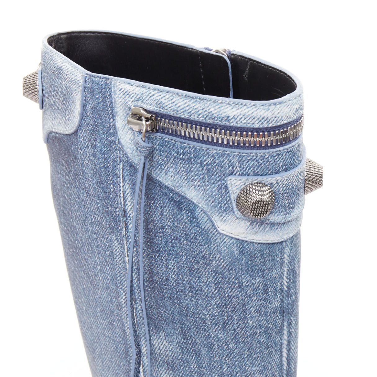 Balenciaga BALENCIAGA Cagole blue denim printed leather silver stud moto tall boots EU37 Size US 7 / IT 37 - 8 Thumbnail