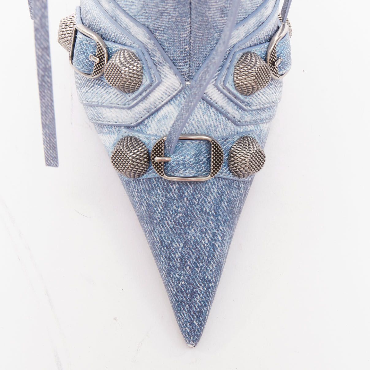 Balenciaga BALENCIAGA Cagole blue denim printed leather silver stud moto tall boots EU37 Size US 7 / IT 37 - 6 Thumbnail