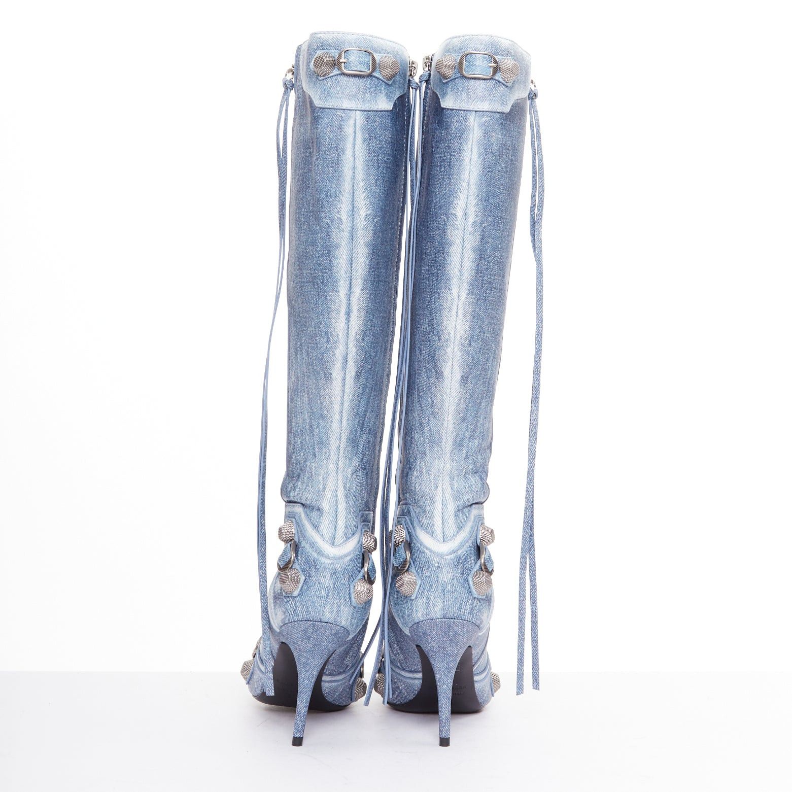 Balenciaga BALENCIAGA Cagole blue denim printed leather silver stud moto tall boots EU37 Size US 7 / IT 37 - 5 Thumbnail