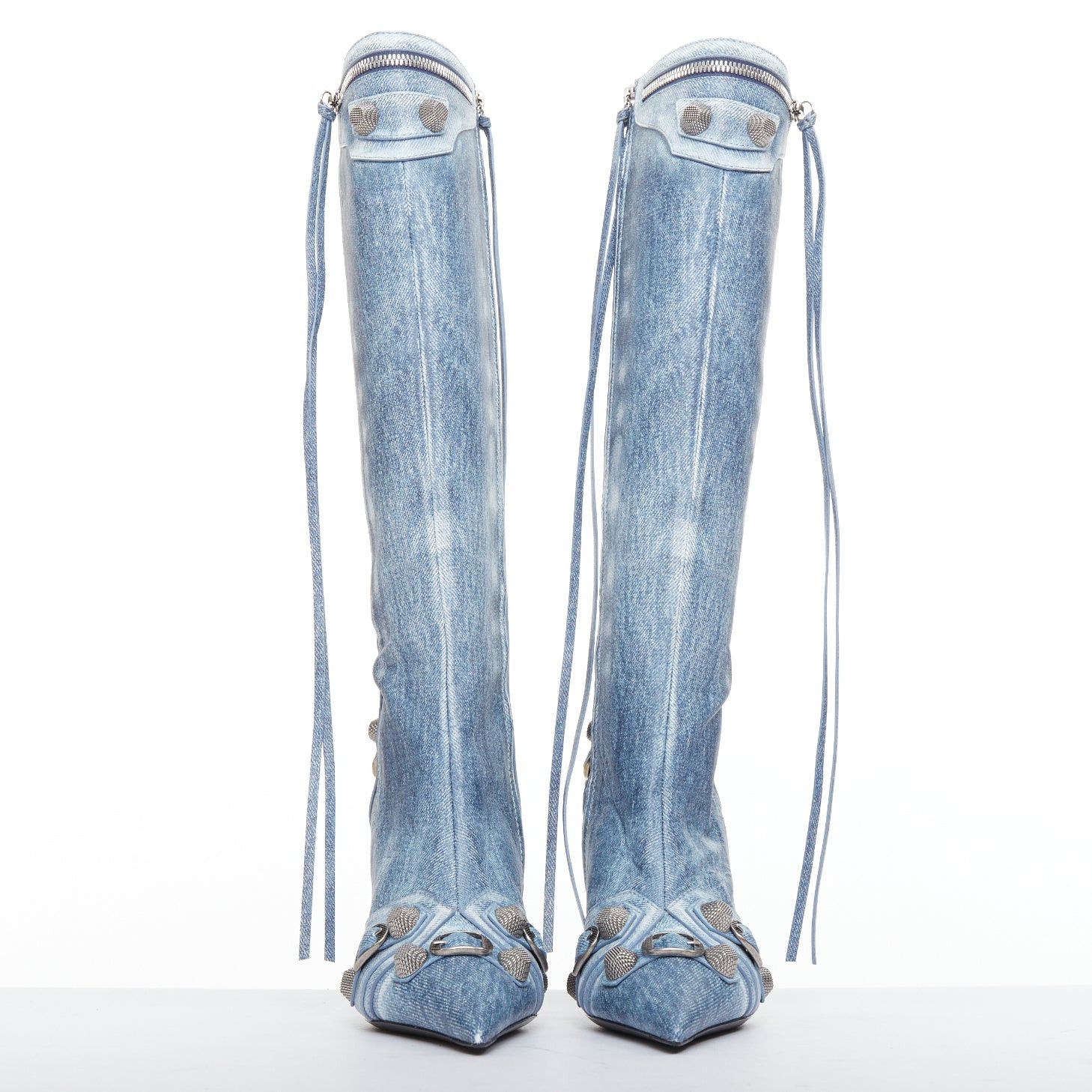 Balenciaga BALENCIAGA Cagole blue denim printed leather silver stud moto tall boots EU37 Size US 7 / IT 37 - 3 Thumbnail