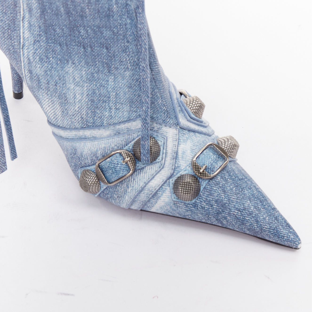 Balenciaga BALENCIAGA Cagole blue denim printed leather silver stud moto tall boots EU37 Size US 7 / IT 37 - 7 Thumbnail