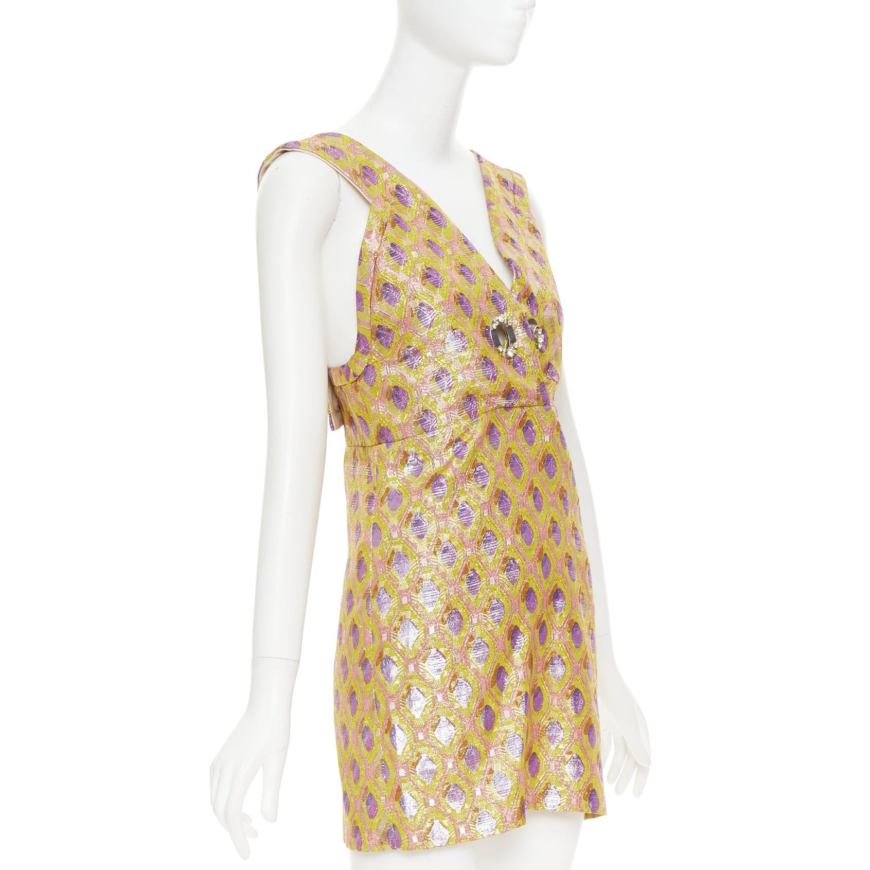 Miu Miu MIU MIU 2009 yellow purple silk wool blend abstract jacquard turnlock dress IT36 XXS Size XS / US 0-2 / IT 36-38 - 3 Thumbnail