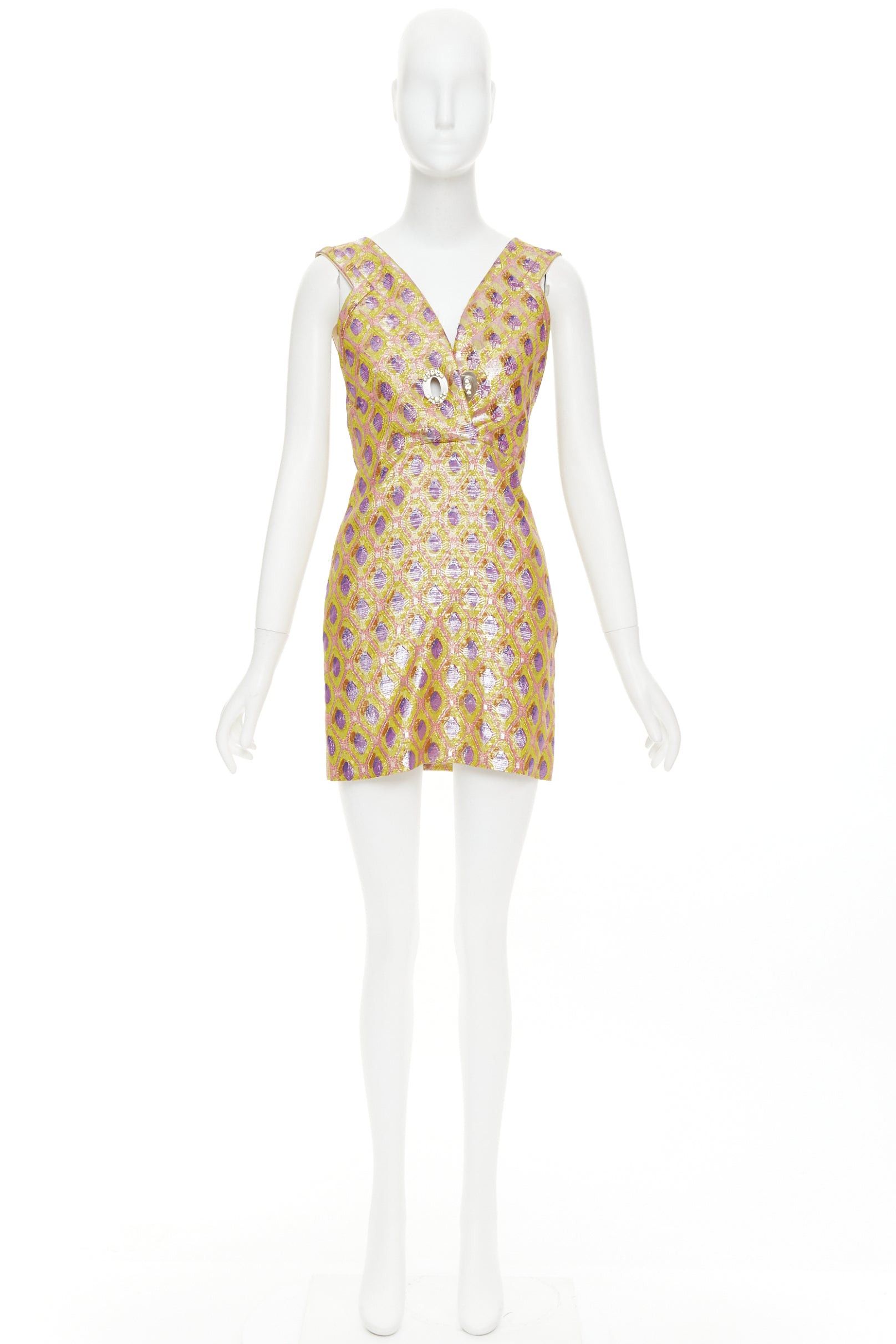 Miu Miu MIU MIU 2009 yellow purple silk wool blend abstract jacquard turnlock dress IT36 XXS Size XS / US 0-2 / IT 36-38 - 9 Thumbnail