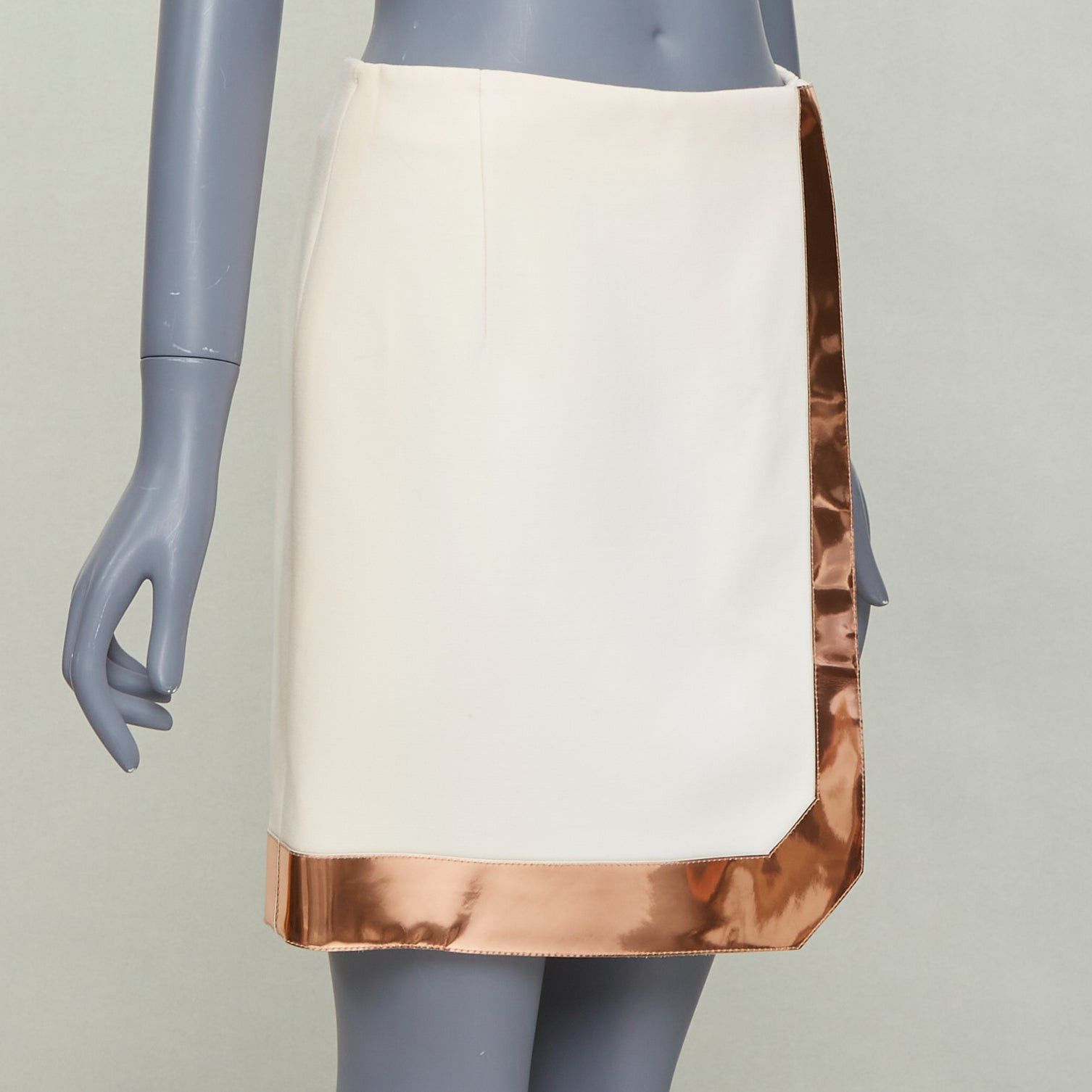 Mugler MUGLER cream virgin wool metallic copper PVC edge tulip skirt FR38 M Size 28" / US 6 / IT 42 - 3 Thumbnail