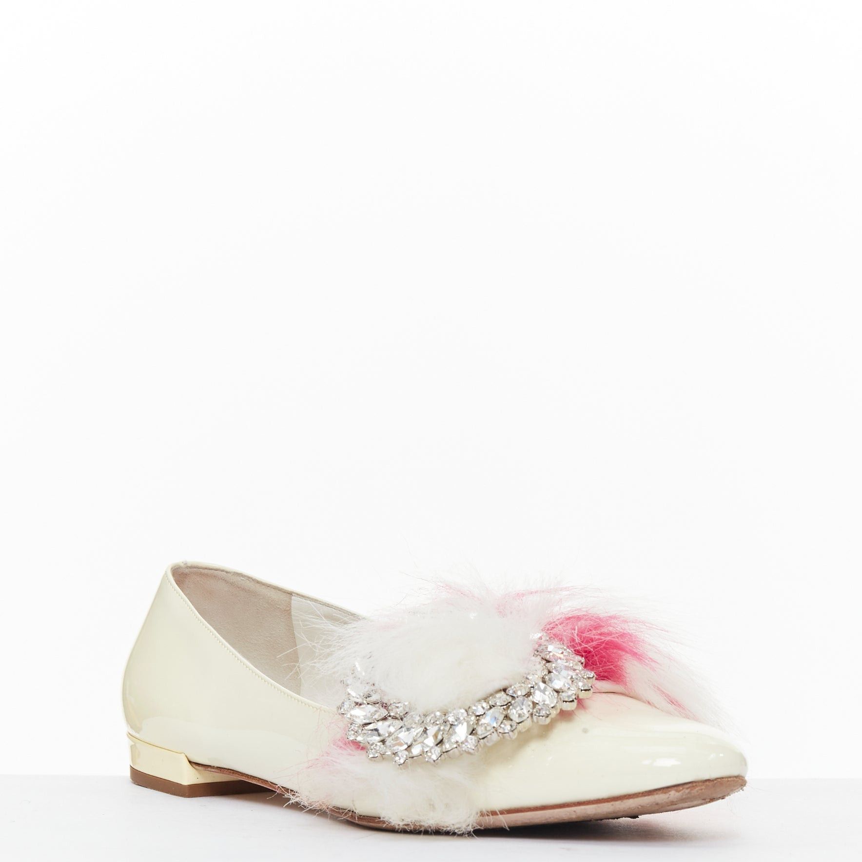Miu Miu MIU MIU 2017 cream patent white pink faux fur buckle flats EU37.5 Size US 7.5 / IT 37.5 - 3 Thumbnail