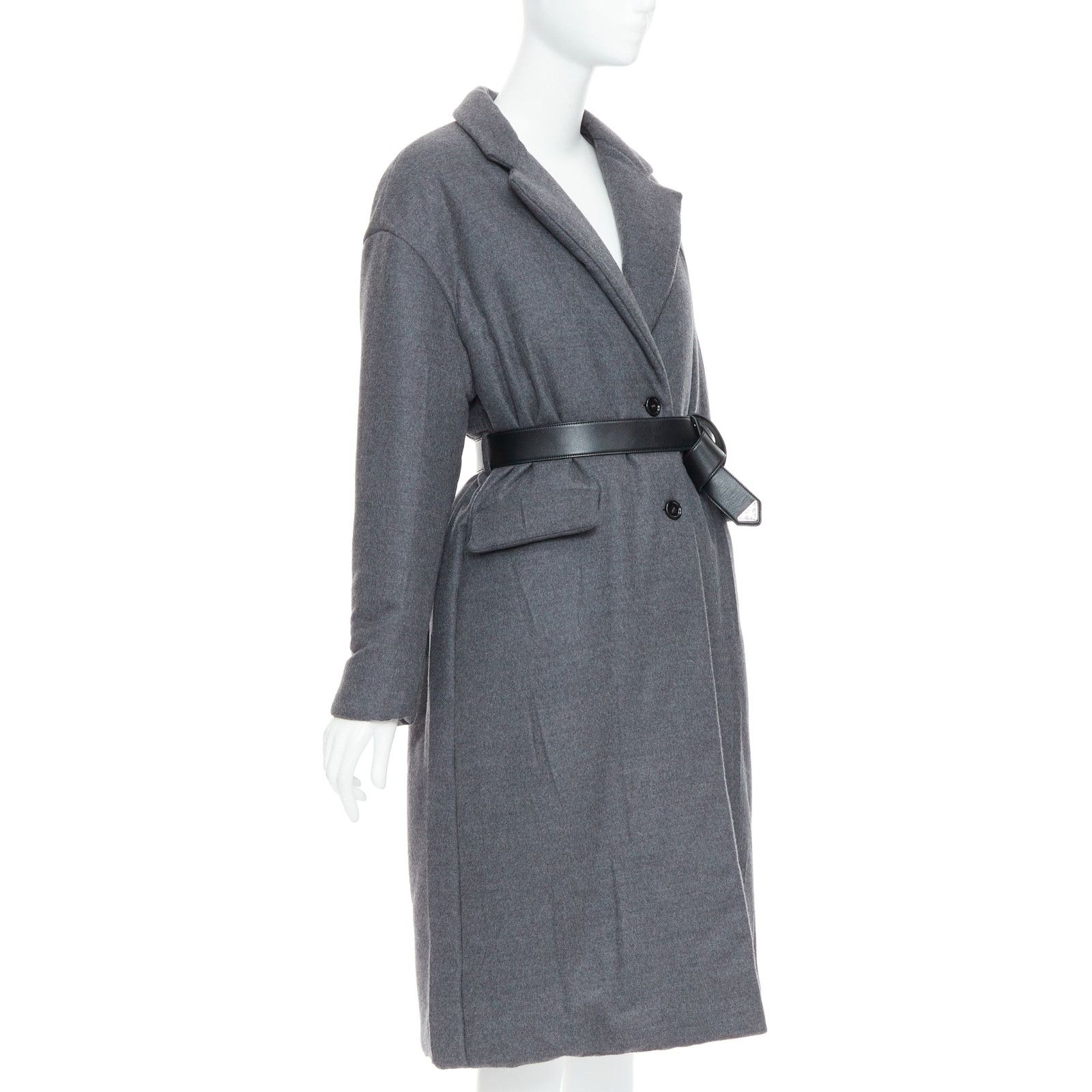 Prada PRADA 2022 grey cashmere wool leather logo belt padded coat IT36 XS Size XS / US 0-2 / IT 36-38 - 4 Thumbnail