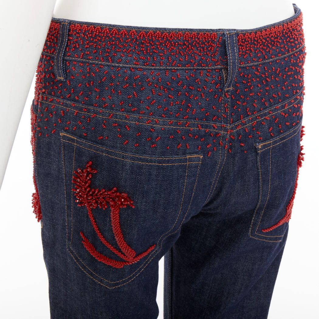 Prada PRADA 2017 Runway red beaded floral embellishment straight leg cropped jeans 25" Size 25" / US 0 / IT 36 - 7 Thumbnail