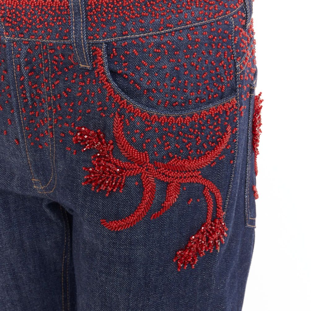 Prada PRADA 2017 Runway red beaded floral embellishment straight leg cropped jeans 25" Size 25" / US 0 / IT 36 - 2 Thumbnail