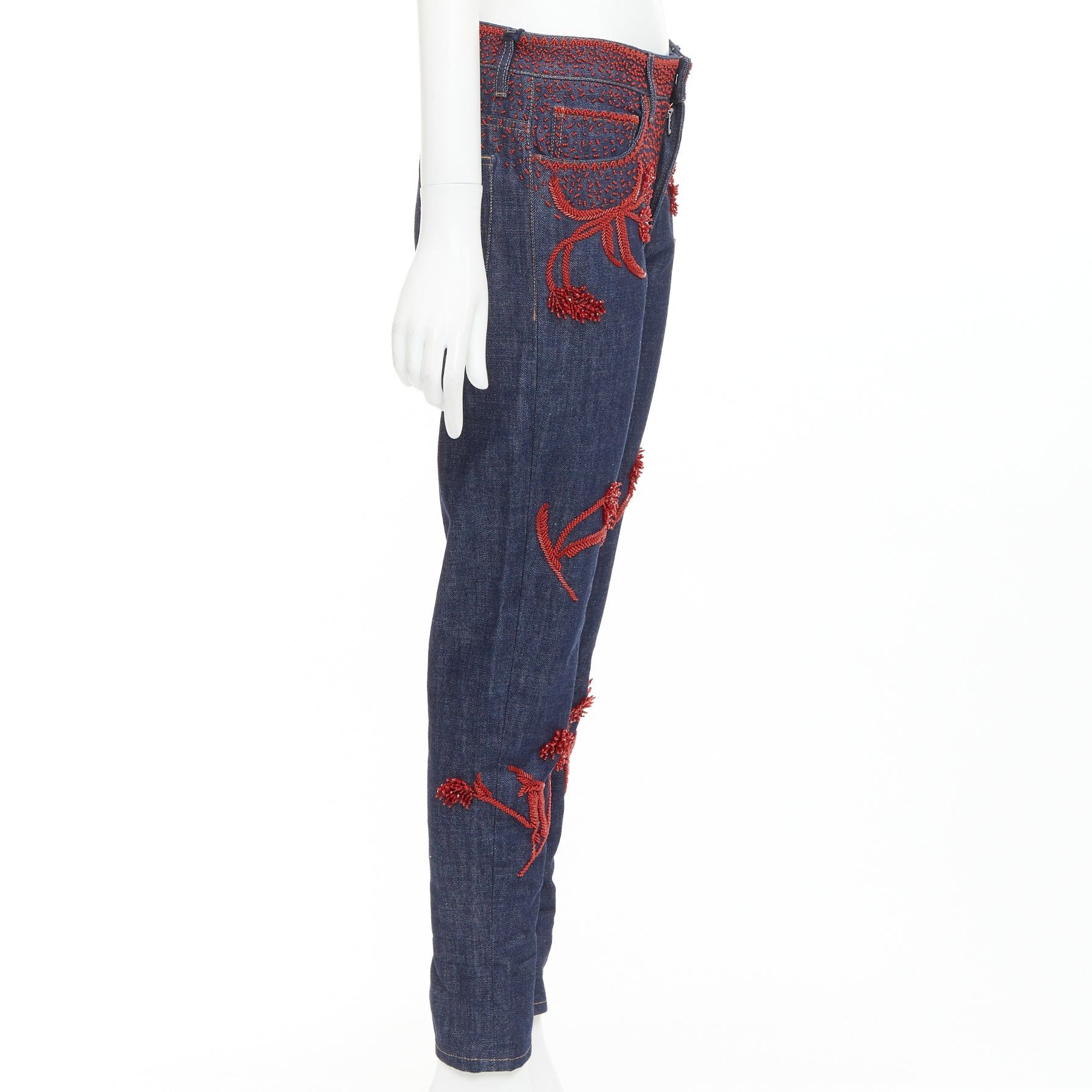 Prada PRADA 2017 Runway red beaded floral embellishment straight leg cropped jeans 25" Size 25" / US 0 / IT 36 - 4 Thumbnail