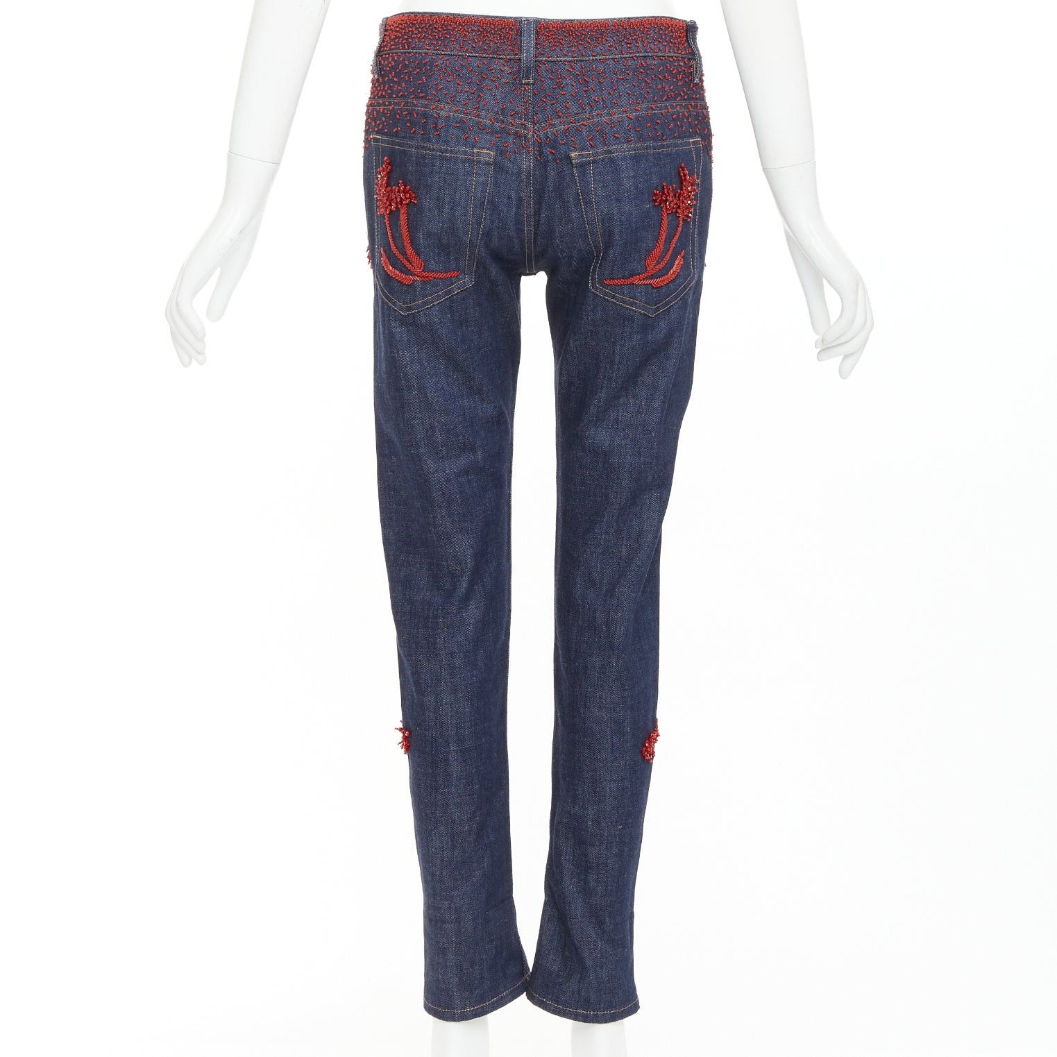 Prada PRADA 2017 Runway red beaded floral embellishment straight leg cropped jeans 25" Size 25" / US 0 / IT 36 - 5 Thumbnail