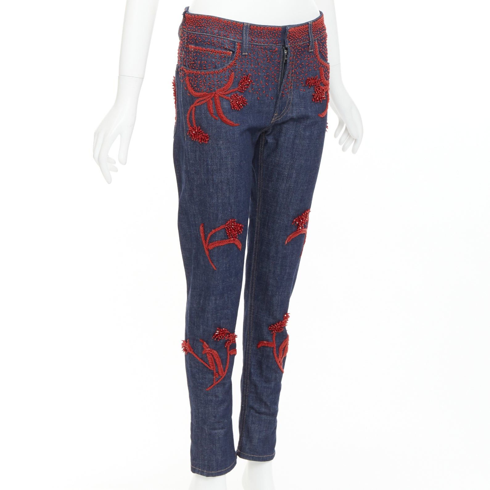 Prada PRADA 2017 Runway red beaded floral embellishment straight leg cropped jeans 25" Size 25" / US 0 / IT 36 - 3 Thumbnail