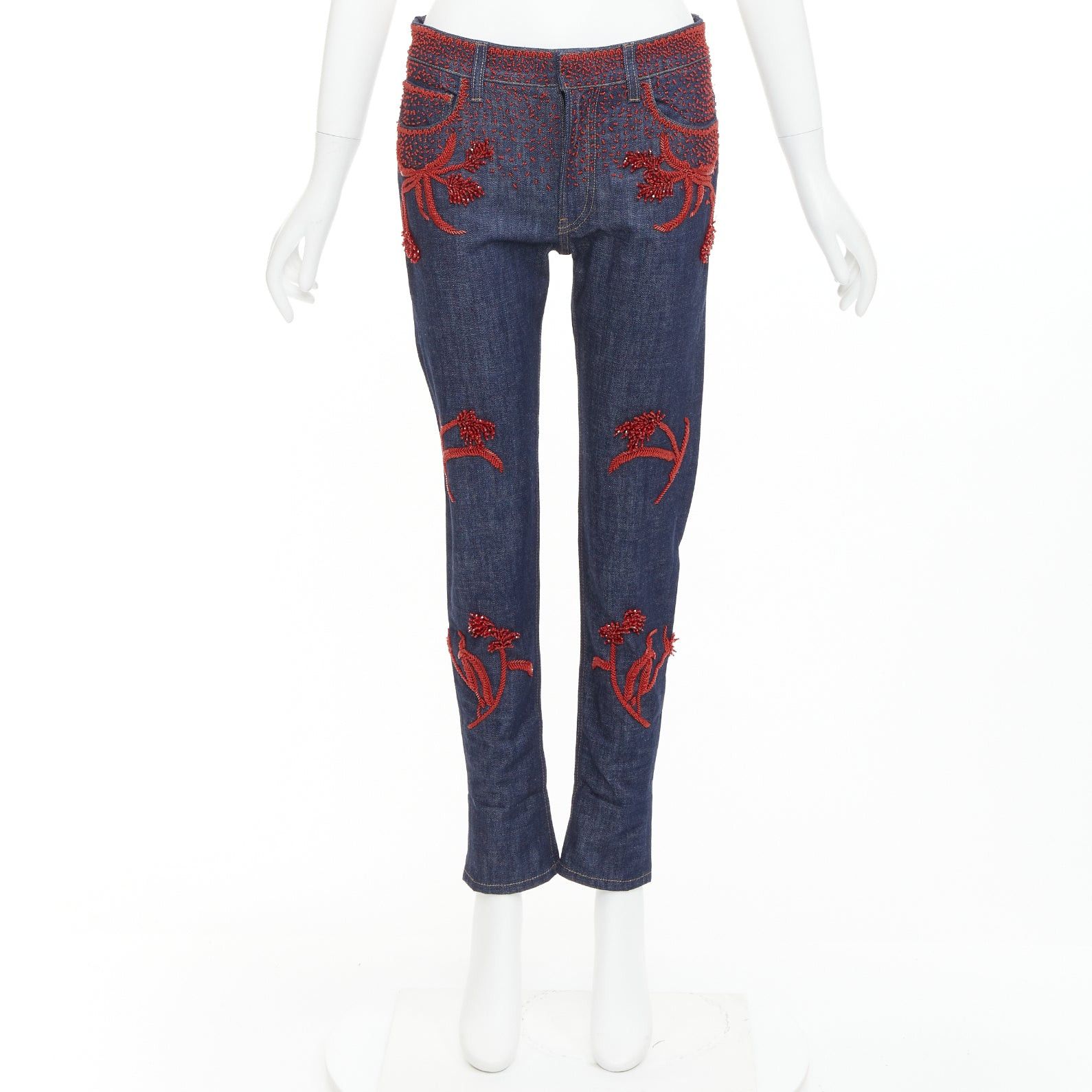 Prada PRADA 2017 Runway red beaded floral embellishment straight leg cropped jeans 25" Size 25" / US 0 / IT 36 - 10 Thumbnail