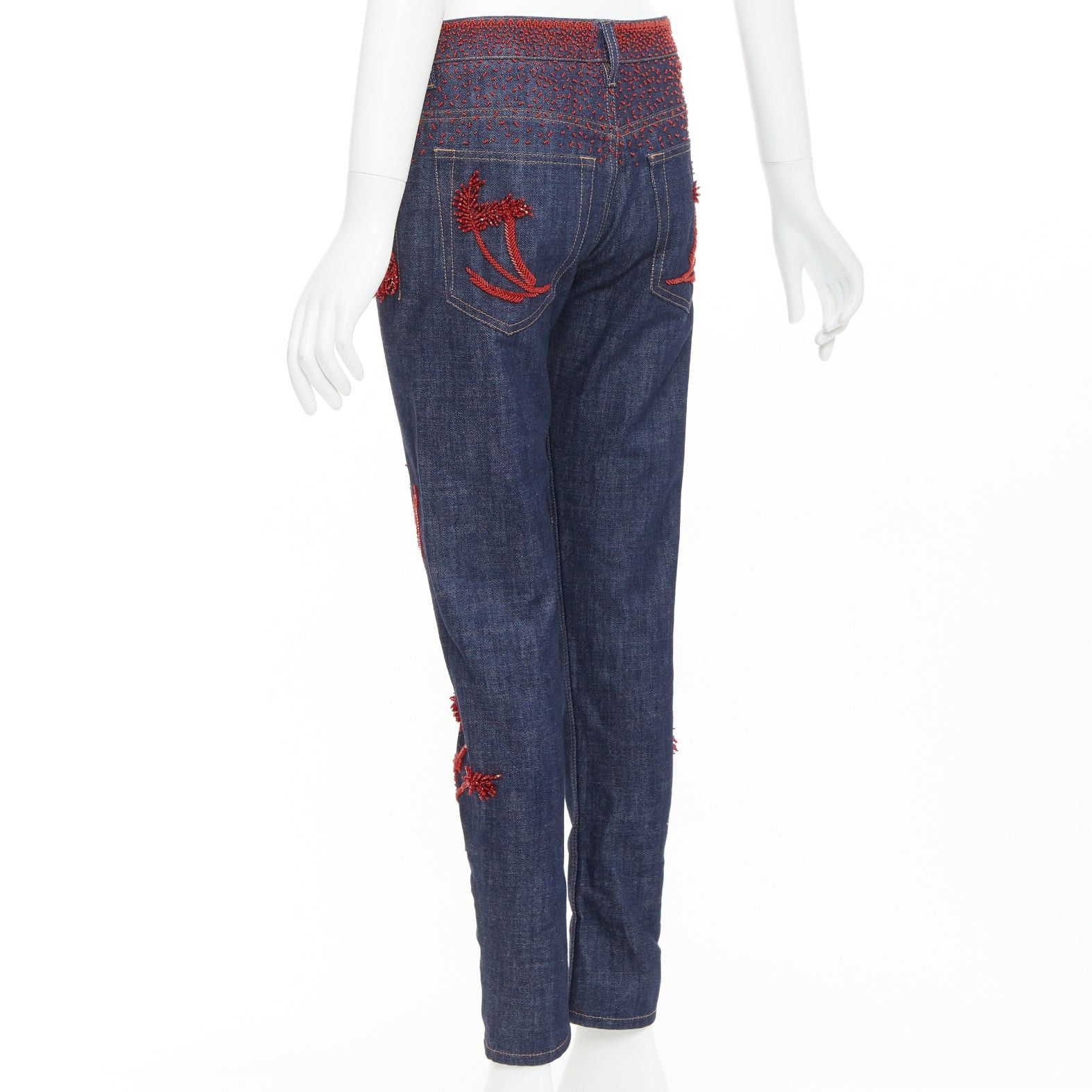 Prada PRADA 2017 Runway red beaded floral embellishment straight leg cropped jeans 25" Size 25" / US 0 / IT 36 - 6 Thumbnail