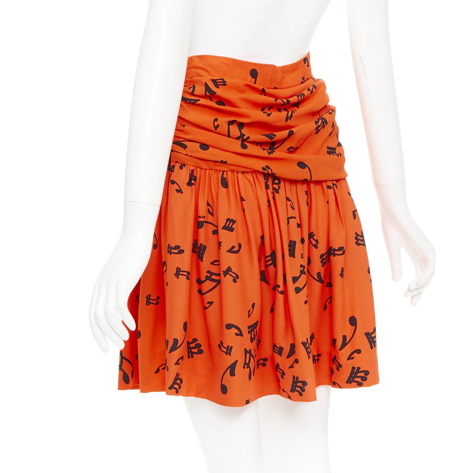 Miu Miu MIU MIU 2014 orange black viscose musical notes melody gathered skirt IT40 M Size 27" / US 4 / IT 40 - 6 Thumbnail